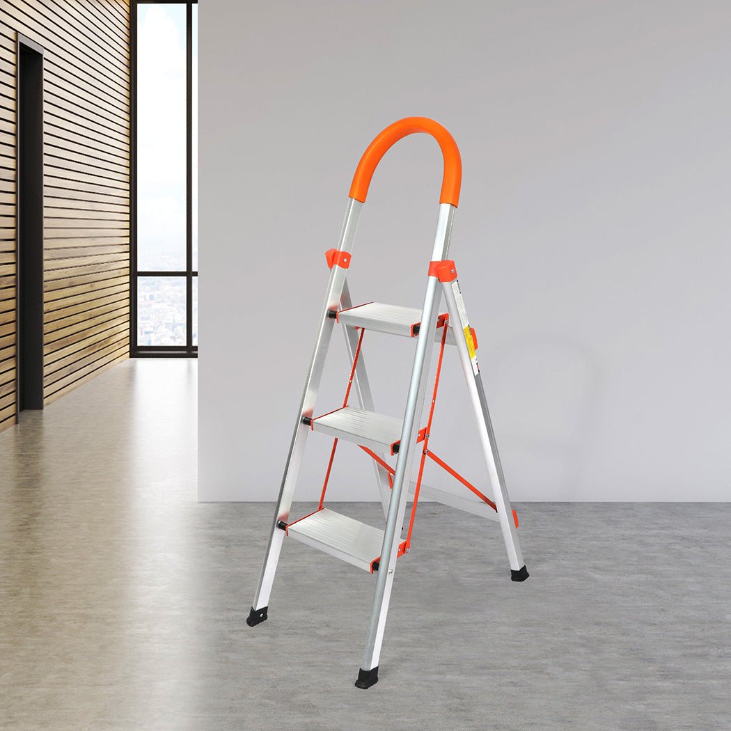 Traderight 3 Step Folding Aluminium Ladder - Silver - Rivercity House & Home Co. (ABN 18 642 972 209) - Affordable Modern Furniture Australia