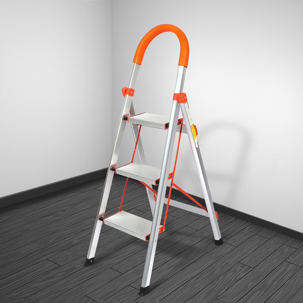 Traderight 3 Step Folding Aluminium Ladder - Silver - Rivercity House & Home Co. (ABN 18 642 972 209) - Affordable Modern Furniture Australia