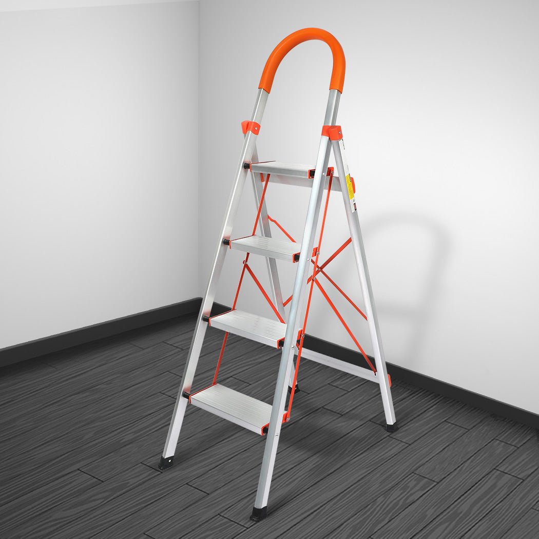 Traderight 4 Step Folding Aluminium Ladder - Silver - Rivercity House & Home Co. (ABN 18 642 972 209) - Affordable Modern Furniture Australia