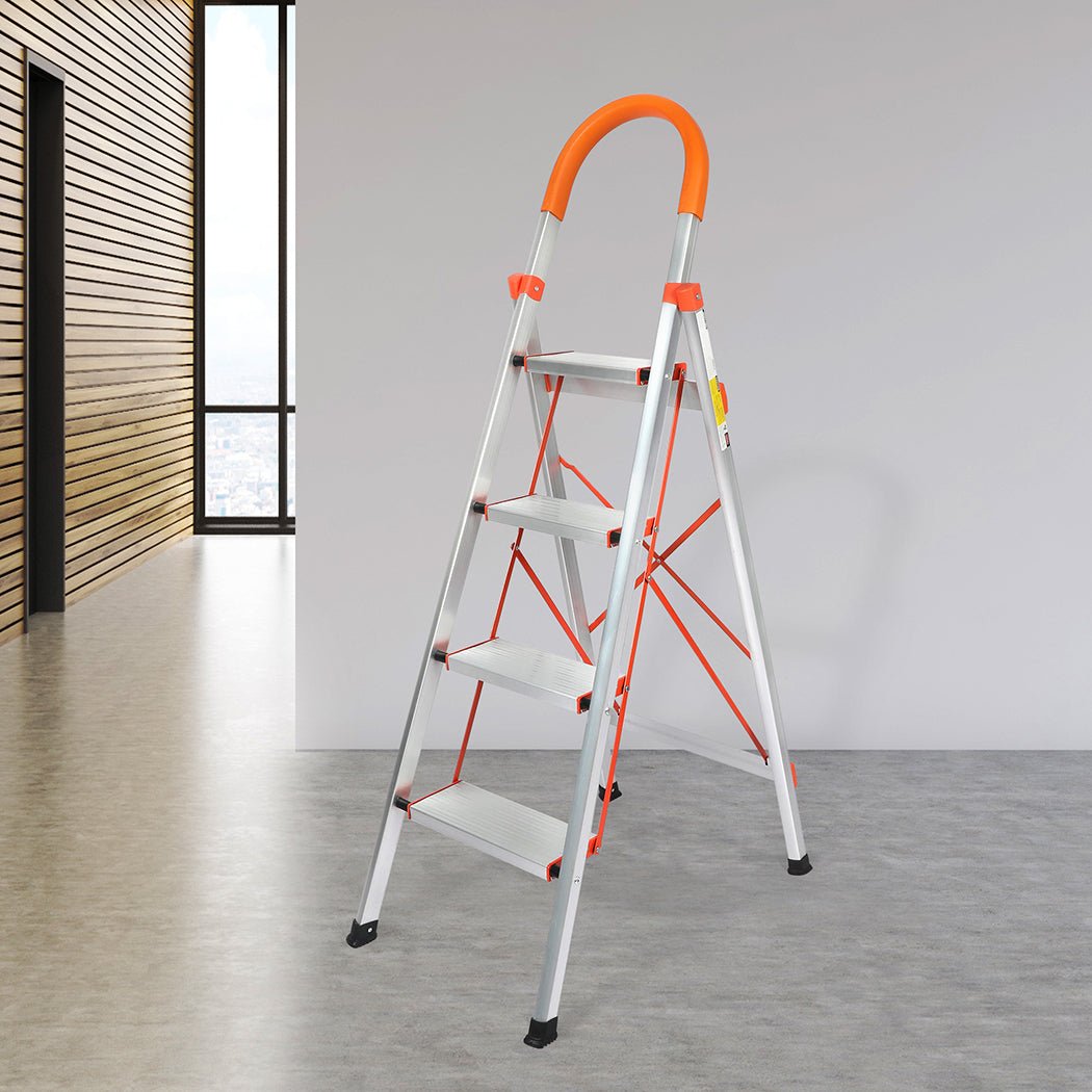 Traderight 4 Step Folding Aluminium Ladder - Silver - Rivercity House & Home Co. (ABN 18 642 972 209) - Affordable Modern Furniture Australia