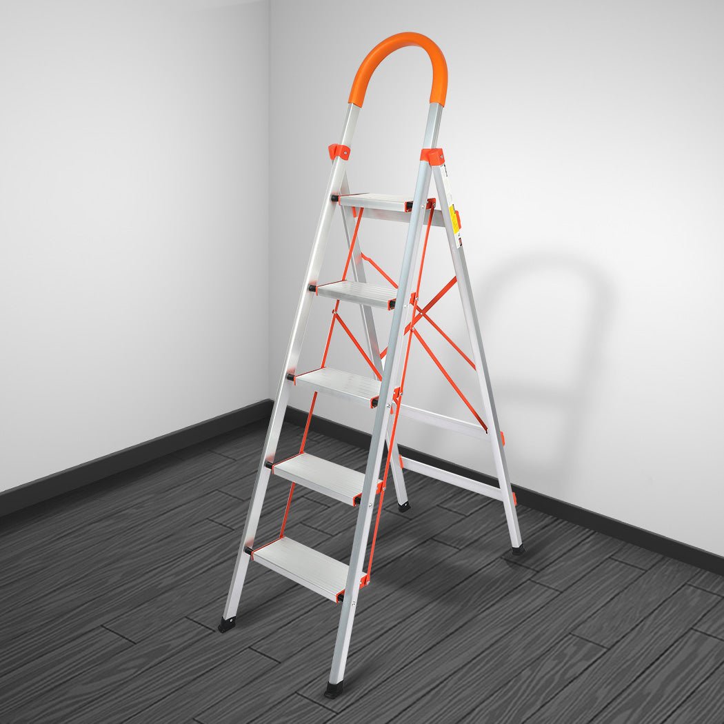 Traderight 5 Step Folding Aluminium Ladder - Silver - Rivercity House & Home Co. (ABN 18 642 972 209) - Affordable Modern Furniture Australia