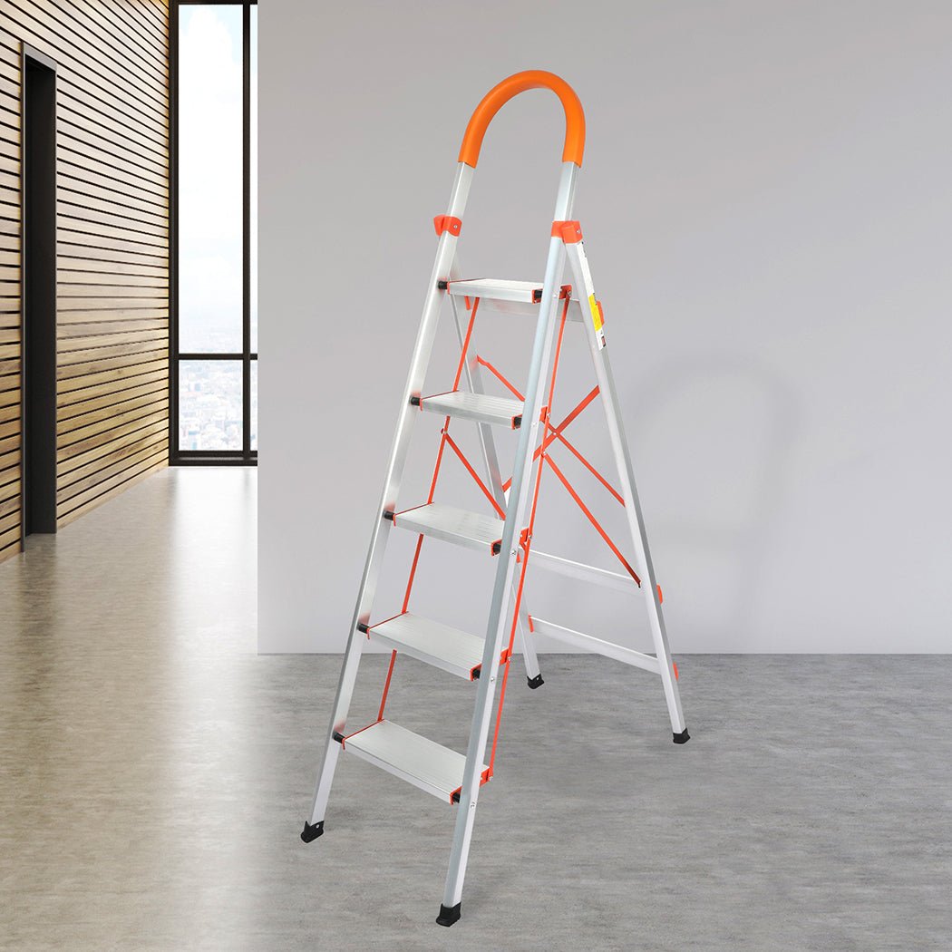 Traderight 5 Step Folding Aluminium Ladder - Silver - Rivercity House & Home Co. (ABN 18 642 972 209) - Affordable Modern Furniture Australia