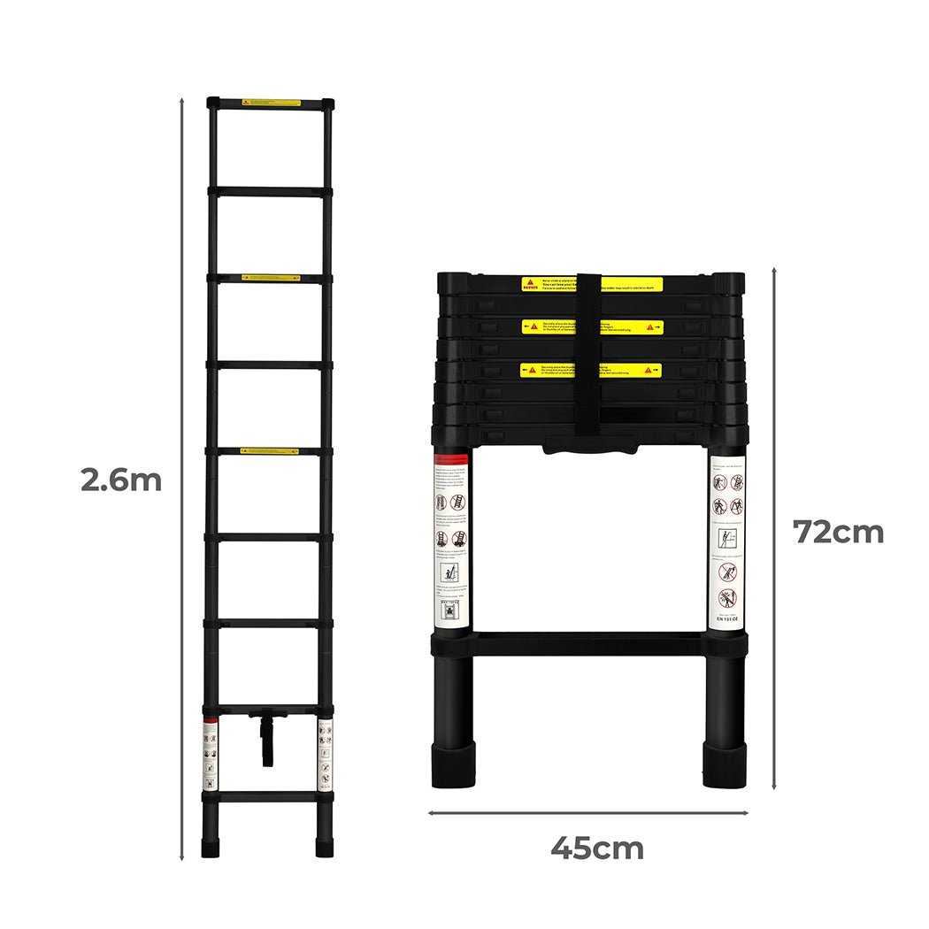 Traderight Telescopic Aluminium Ladder 2.6 Meter Multipurpose - Black - Rivercity House & Home Co. (ABN 18 642 972 209) - Affordable Modern Furniture Australia