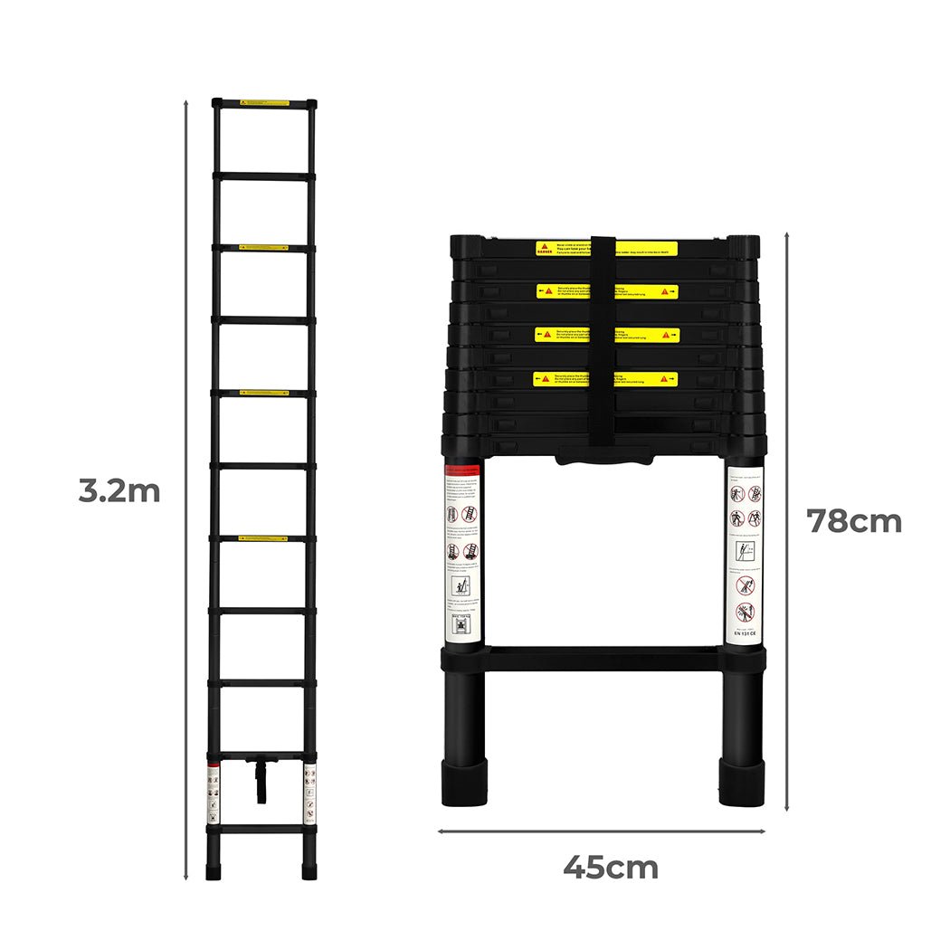 Traderight Telescopic Aluminium Ladder 3.2M Multipurpose - Black - Rivercity House & Home Co. (ABN 18 642 972 209) - Affordable Modern Furniture Australia