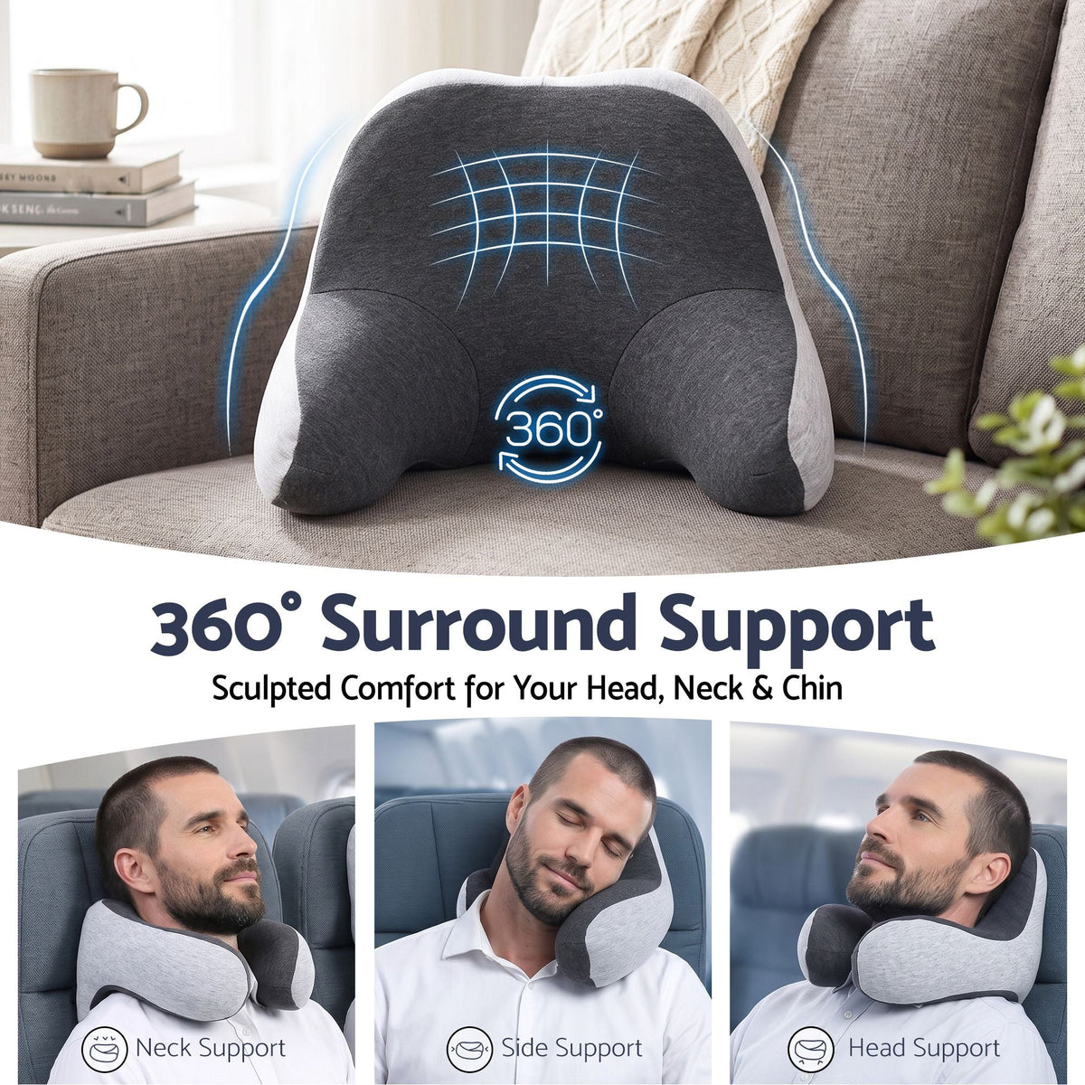 Travel Neck Pillow with Memory Foam, Eyemask and Earplugs - Grey - Home & Garden > Bedding > Pillows - Rivercity House & Home Co. (ABN 18 642 972 209) - Affordable Modern Furniture Australia
