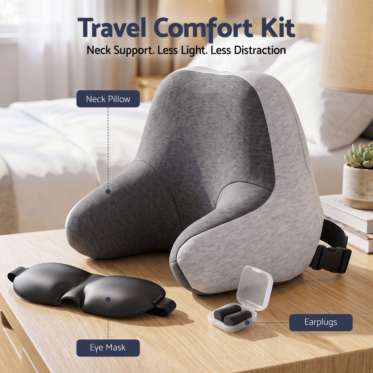 Travel Neck Pillow with Memory Foam, Eyemask and Earplugs - Grey - Home & Garden > Bedding > Pillows - Rivercity House & Home Co. (ABN 18 642 972 209) - Affordable Modern Furniture Australia