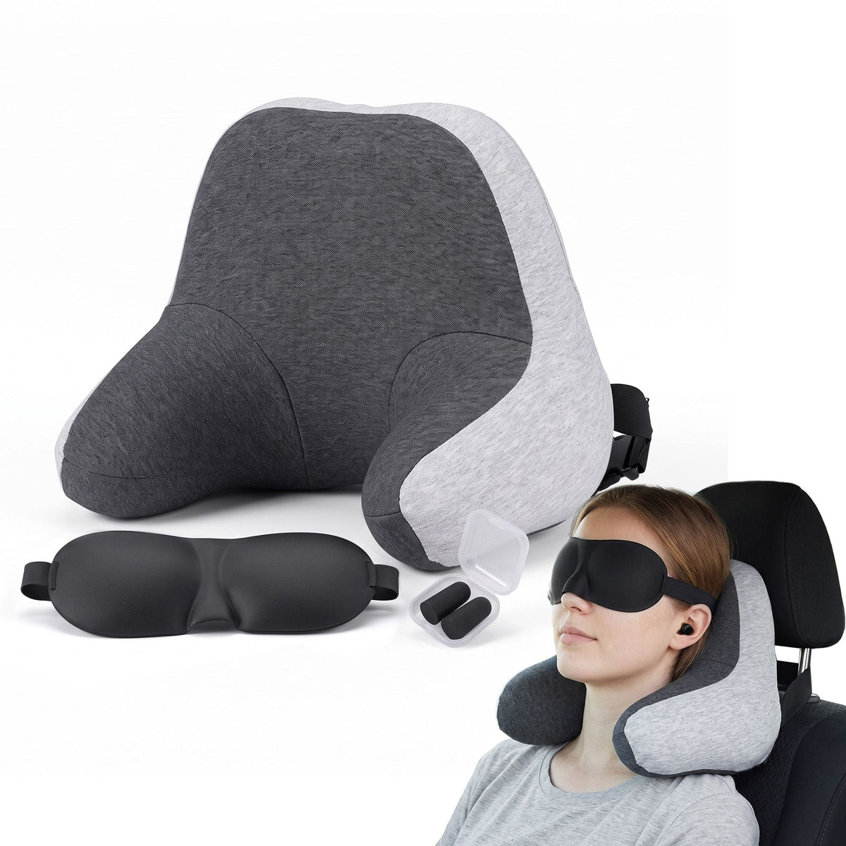 Travel Neck Pillow with Memory Foam, Eyemask and Earplugs - Grey - Home & Garden > Bedding > Pillows - Rivercity House & Home Co. (ABN 18 642 972 209) - Affordable Modern Furniture Australia
