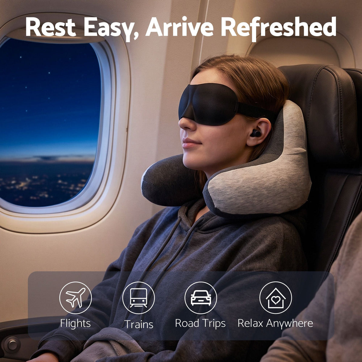 Travel Neck Pillow with Memory Foam, Eyemask and Earplugs - Grey - Home & Garden > Bedding > Pillows - Rivercity House & Home Co. (ABN 18 642 972 209) - Affordable Modern Furniture Australia