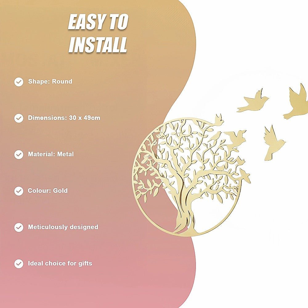 Tree of Life Metal Wall Art with 7 Flying Birds Sculpture 30x49cm - Gold - Home & Garden > Decor > Garden Ornaments - Rivercity House & Home Co. (ABN 18 642 972 209) - Affordable Modern Furniture Australia