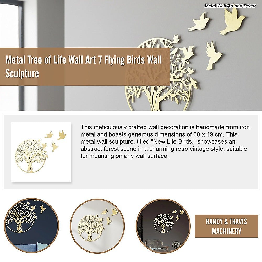 Tree of Life Metal Wall Art with 7 Flying Birds Sculpture 30x49cm - Gold - Home & Garden > Decor > Garden Ornaments - Rivercity House & Home Co. (ABN 18 642 972 209) - Affordable Modern Furniture Australia