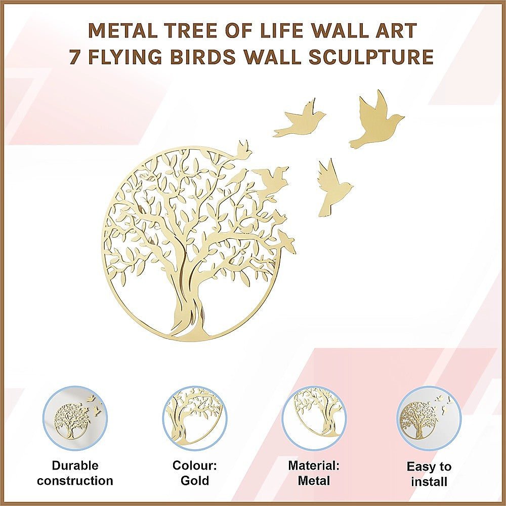 Tree of Life Metal Wall Art with 7 Flying Birds Sculpture 30x49cm - Gold - Home & Garden > Decor > Garden Ornaments - Rivercity House & Home Co. (ABN 18 642 972 209) - Affordable Modern Furniture Australia