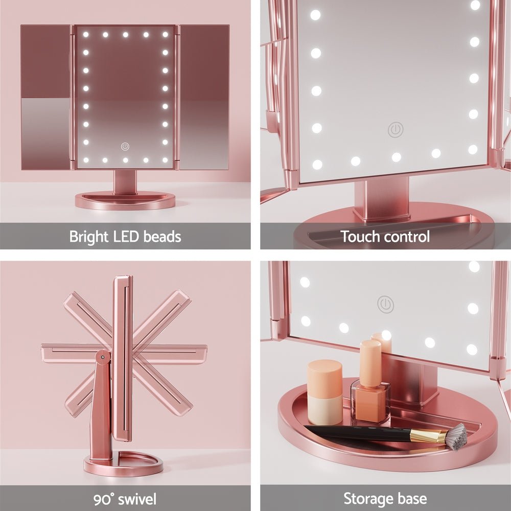 Tri - fold Makeup Mirror 1X2X3X Magnifying with LED Light Travel Portable Pink - Health & Beauty > Makeup Mirrors - Rivercity House & Home Co. (ABN 18 642 972 209) - Affordable Modern Furniture Australia