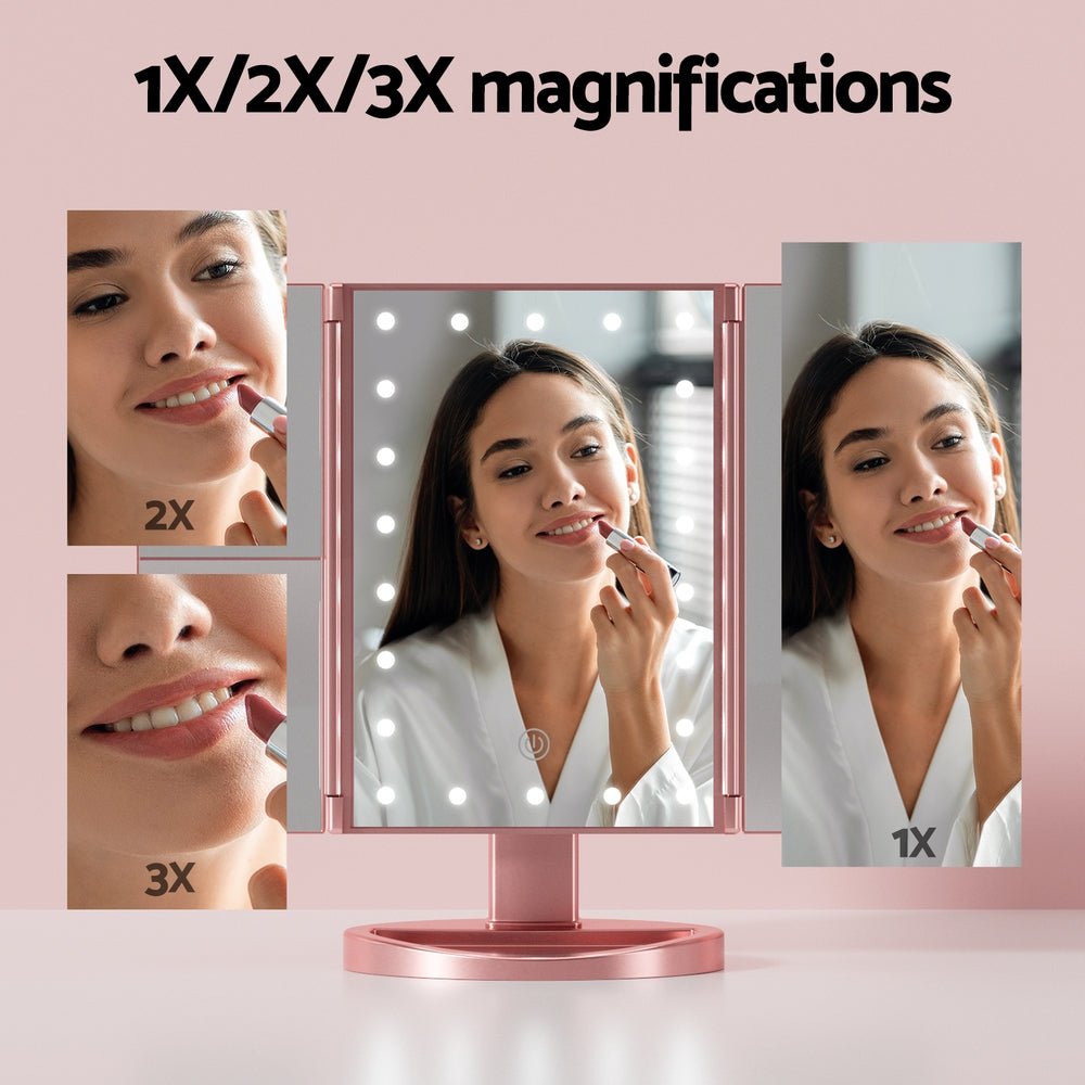 Tri - fold Makeup Mirror 1X2X3X Magnifying with LED Light Travel Portable Pink - Health & Beauty > Makeup Mirrors - Rivercity House & Home Co. (ABN 18 642 972 209) - Affordable Modern Furniture Australia