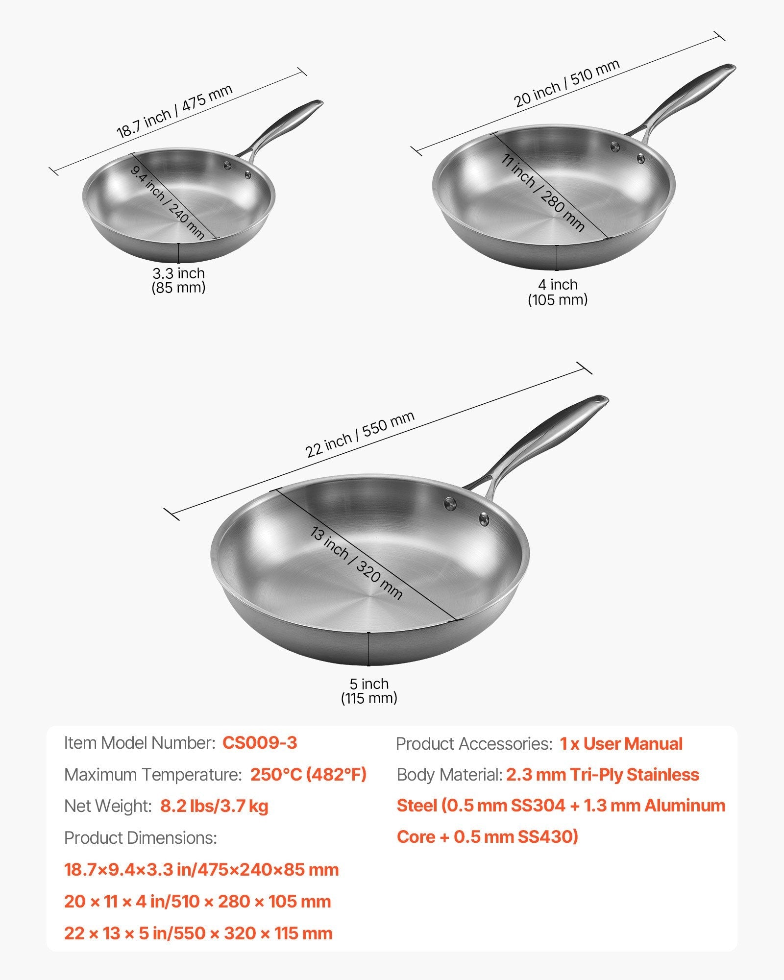 Tri - Ply Stainless Steel Frying Pan, 3 Piece (240, 280, 320 mm), Cooking Skillet with Heat - Resistant Handle, Chef's Kitchen Cookware, Oven, Gas, Electric, Induction, Dishwasher Compatible, Silver - Appliances > Kitchen Appliances > Food Warmers & Chafing Dishes - Rivercity House & Home Co. (ABN 18 642 972 209) - Affordable Modern Furniture Australia