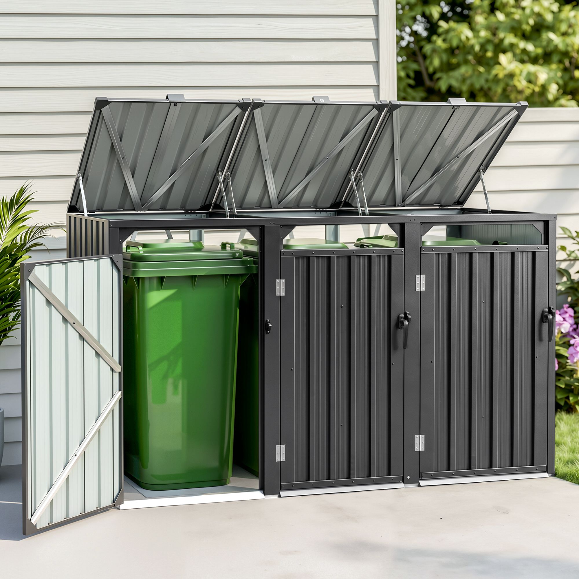 Triple Wheelie Bin Storage Shed Steel Enclosure for 3 Bins - Grey - Home & Garden > Storage > Sheds - Rivercity House & Home Co. (ABN 18 642 972 209) - Affordable Modern Furniture Australia
