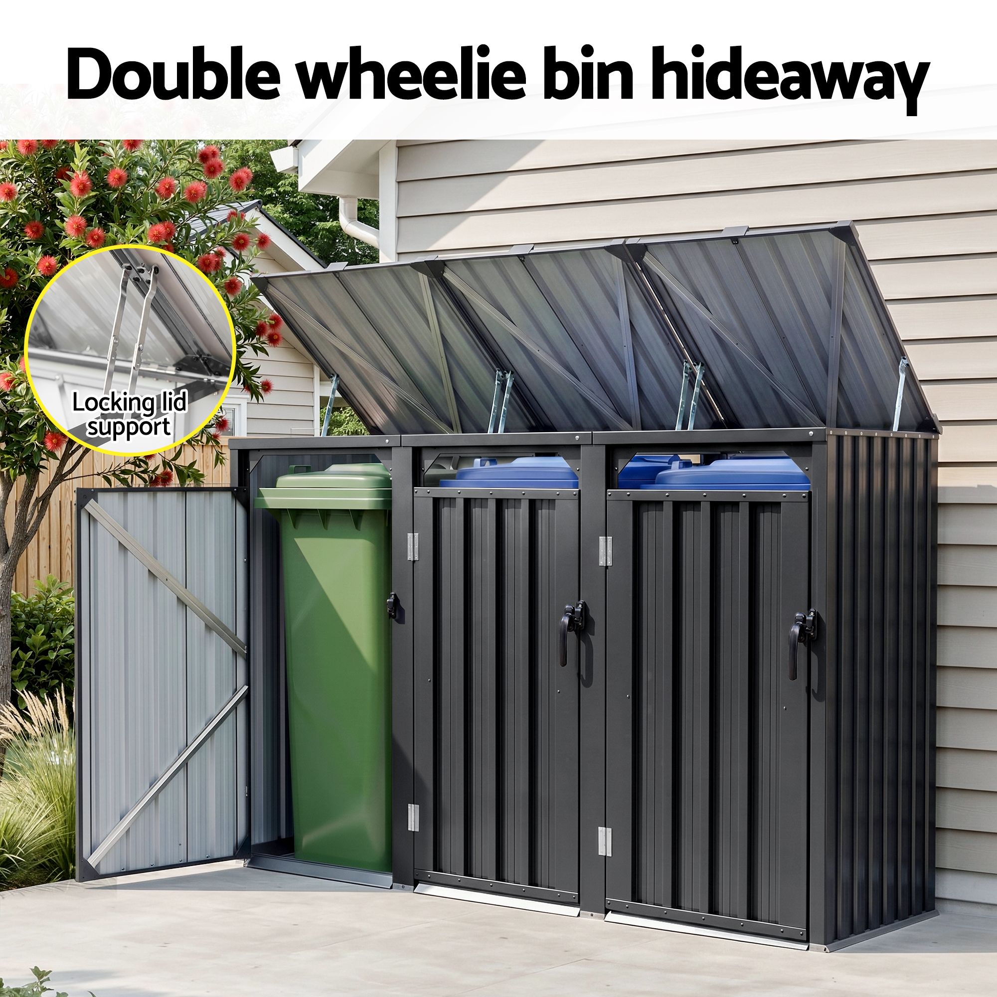 Triple Wheelie Bin Storage Shed Steel Enclosure for 3 Bins - Grey - Home & Garden > Storage > Sheds - Rivercity House & Home Co. (ABN 18 642 972 209) - Affordable Modern Furniture Australia