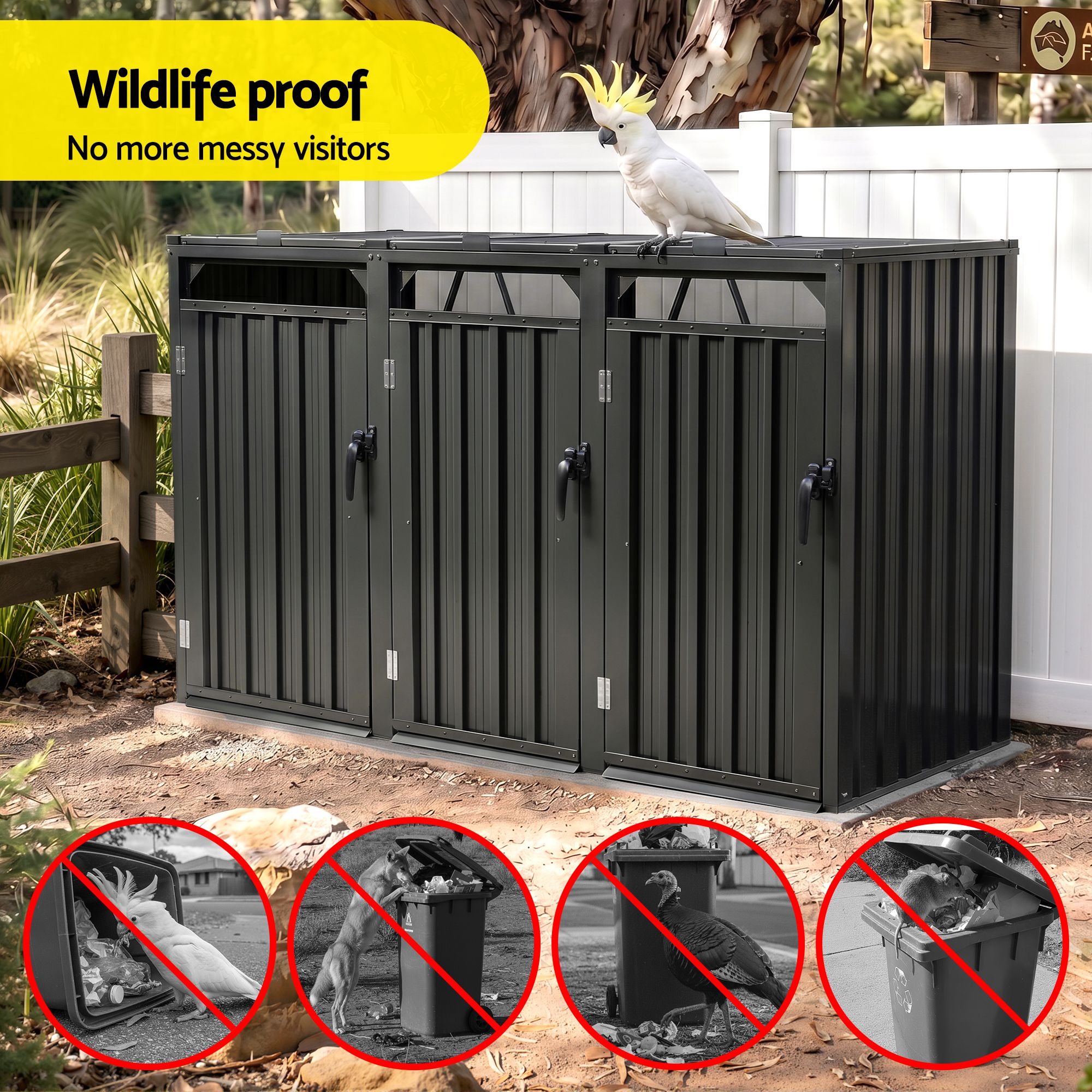 Triple Wheelie Bin Storage Shed Steel Enclosure for 3 Bins - Grey - Home & Garden > Storage > Sheds - Rivercity House & Home Co. (ABN 18 642 972 209) - Affordable Modern Furniture Australia