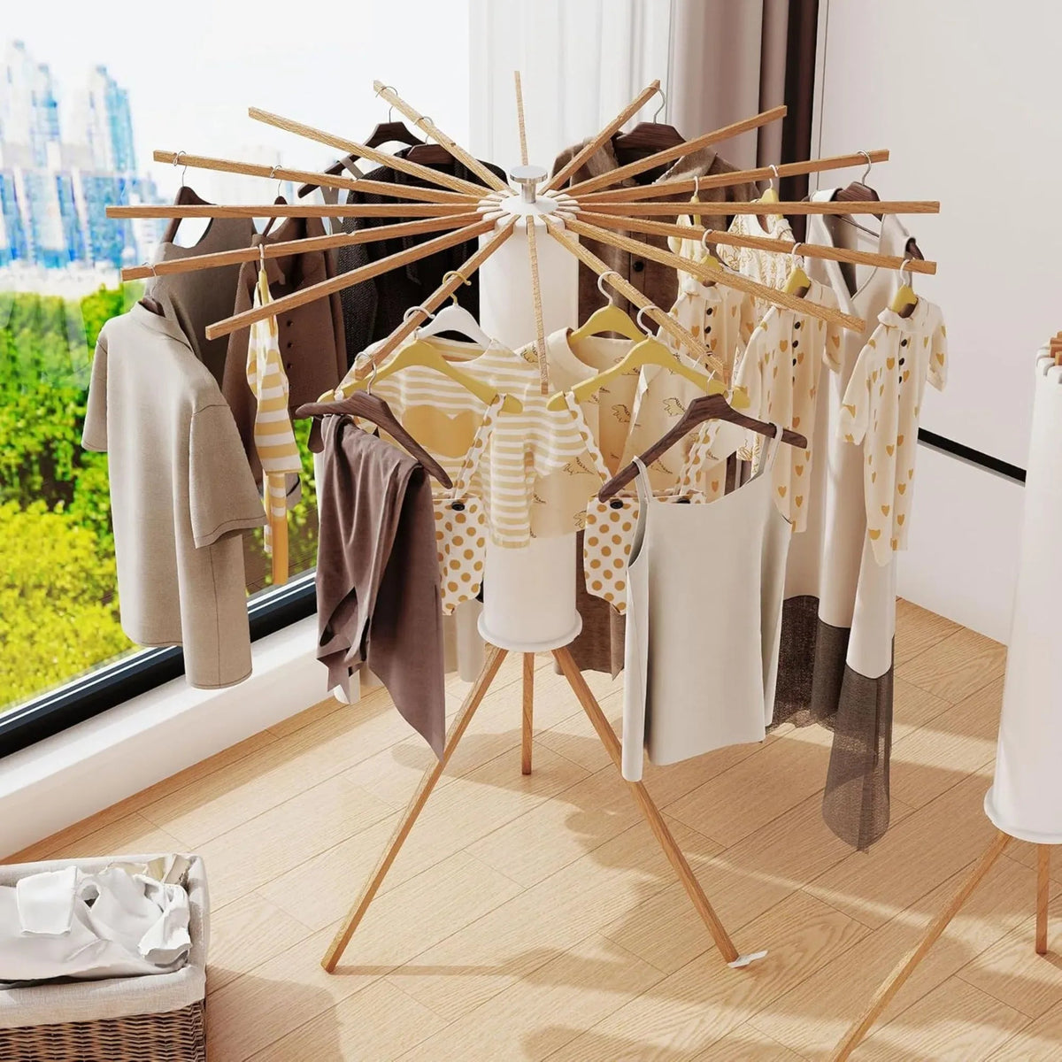 Tripod Clothes Drying Rack 16 Rod Foldable with Wooden Poles - White - Home & Garden > Storage > Clothing & Wardrobe Storage - Rivercity House & Home Co. (ABN 18 642 972 209) - Affordable Modern Furniture Australia