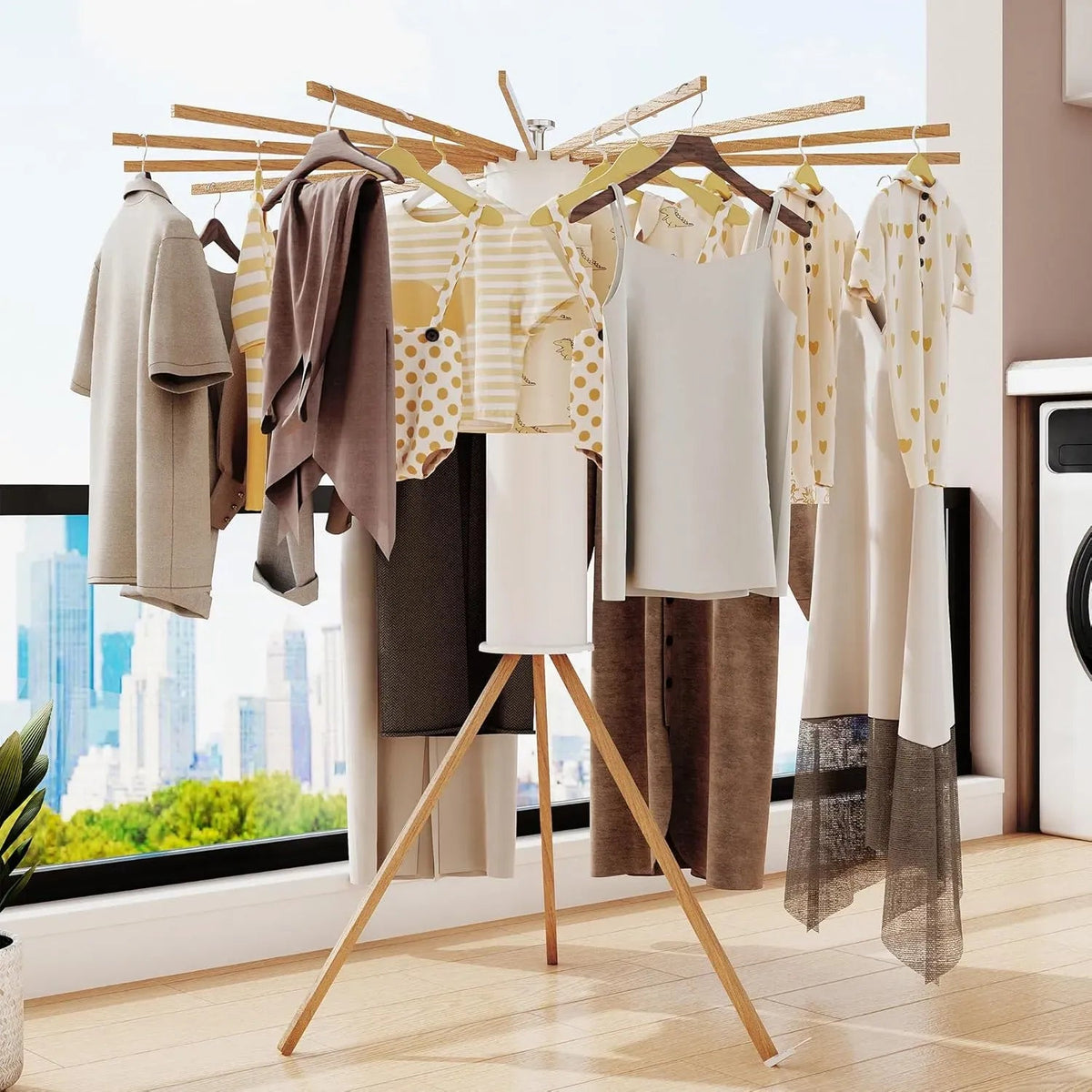 Tripod Clothes Drying Rack 16 Rod Foldable with Wooden Poles - White - Home & Garden > Storage > Clothing & Wardrobe Storage - Rivercity House & Home Co. (ABN 18 642 972 209) - Affordable Modern Furniture Australia