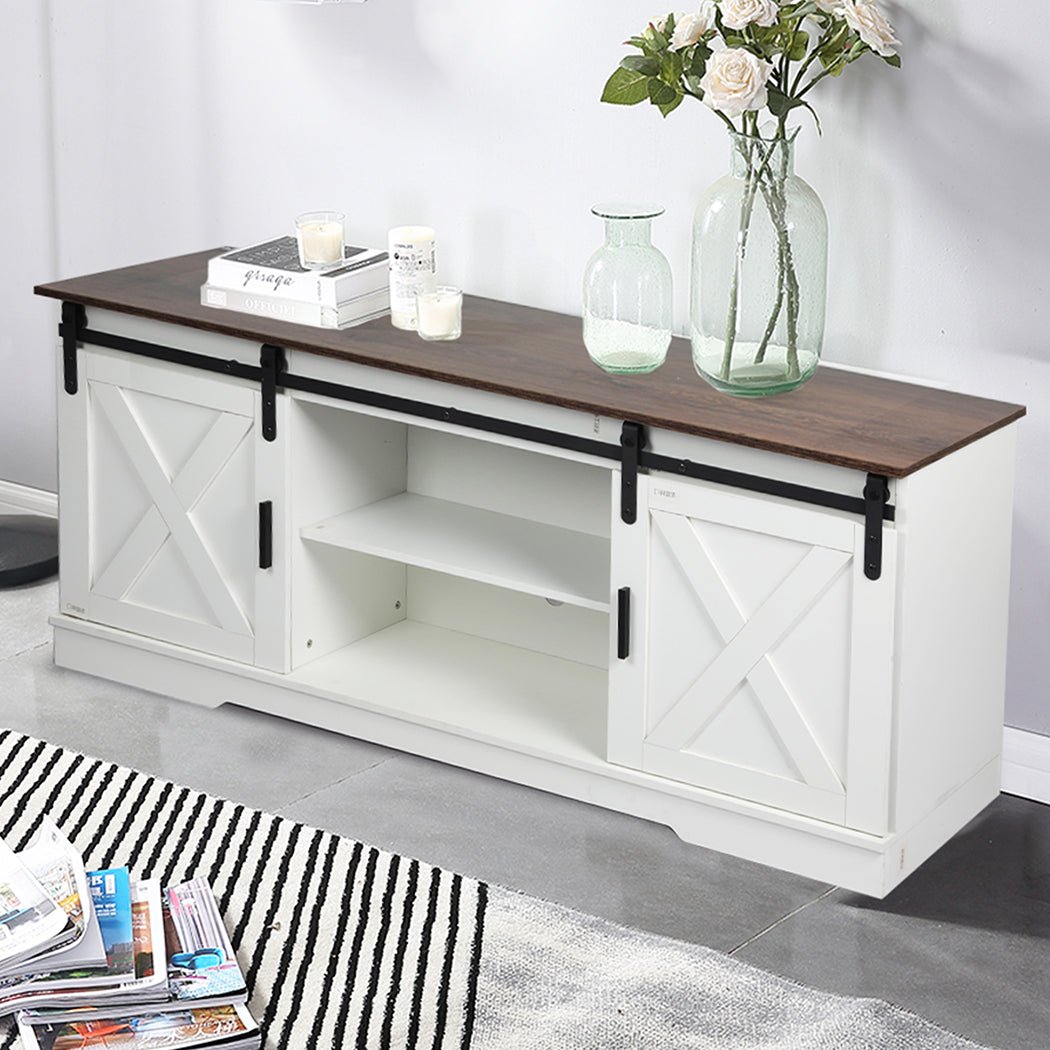 TV Cabinet Entertainment Unit with Sliding Barn Doors - White - Rivercity House & Home Co. (ABN 18 642 972 209) - Affordable Modern Furniture Australia