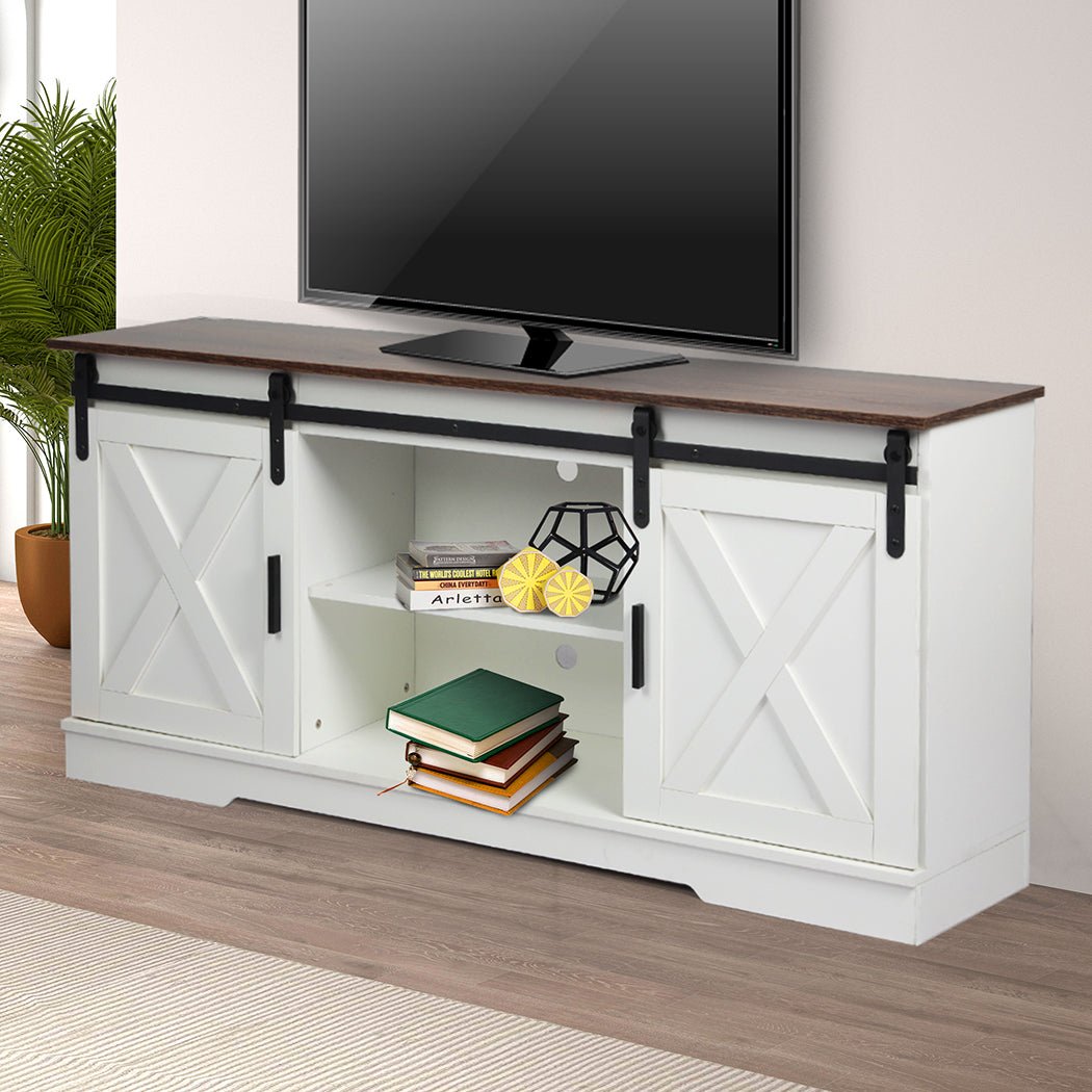 TV Cabinet Entertainment Unit with Sliding Barn Doors - White - Rivercity House & Home Co. (ABN 18 642 972 209) - Affordable Modern Furniture Australia