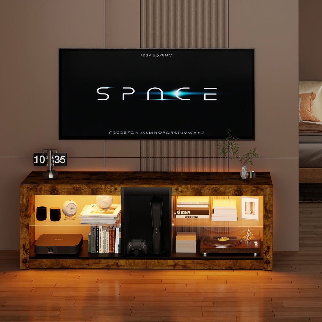 TV Stand Cabinet with Glass Display Shelves and LED Lighting - Oak - Rivercity House & Home Co. (ABN 18 642 972 209) - Affordable Modern Furniture Australia