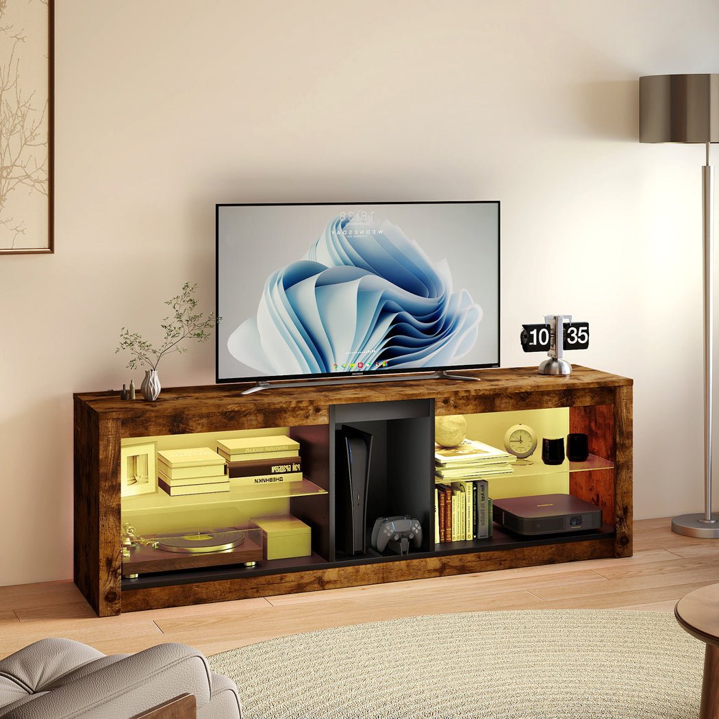 TV Stand Cabinet with Glass Display Shelves and LED Lighting - Oak - Rivercity House & Home Co. (ABN 18 642 972 209) - Affordable Modern Furniture Australia