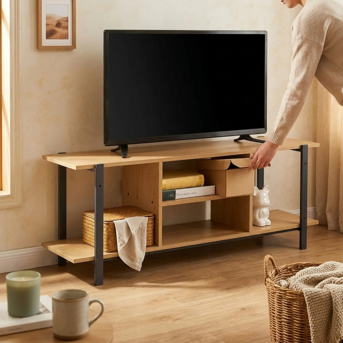 TV Stand Entertainment Console with Open Shelves Rustic Oak and Steel - Brown - Furniture > Living Room > TV Units - Rivercity House & Home Co. (ABN 18 642 972 209) - Affordable Modern Furniture Australia
