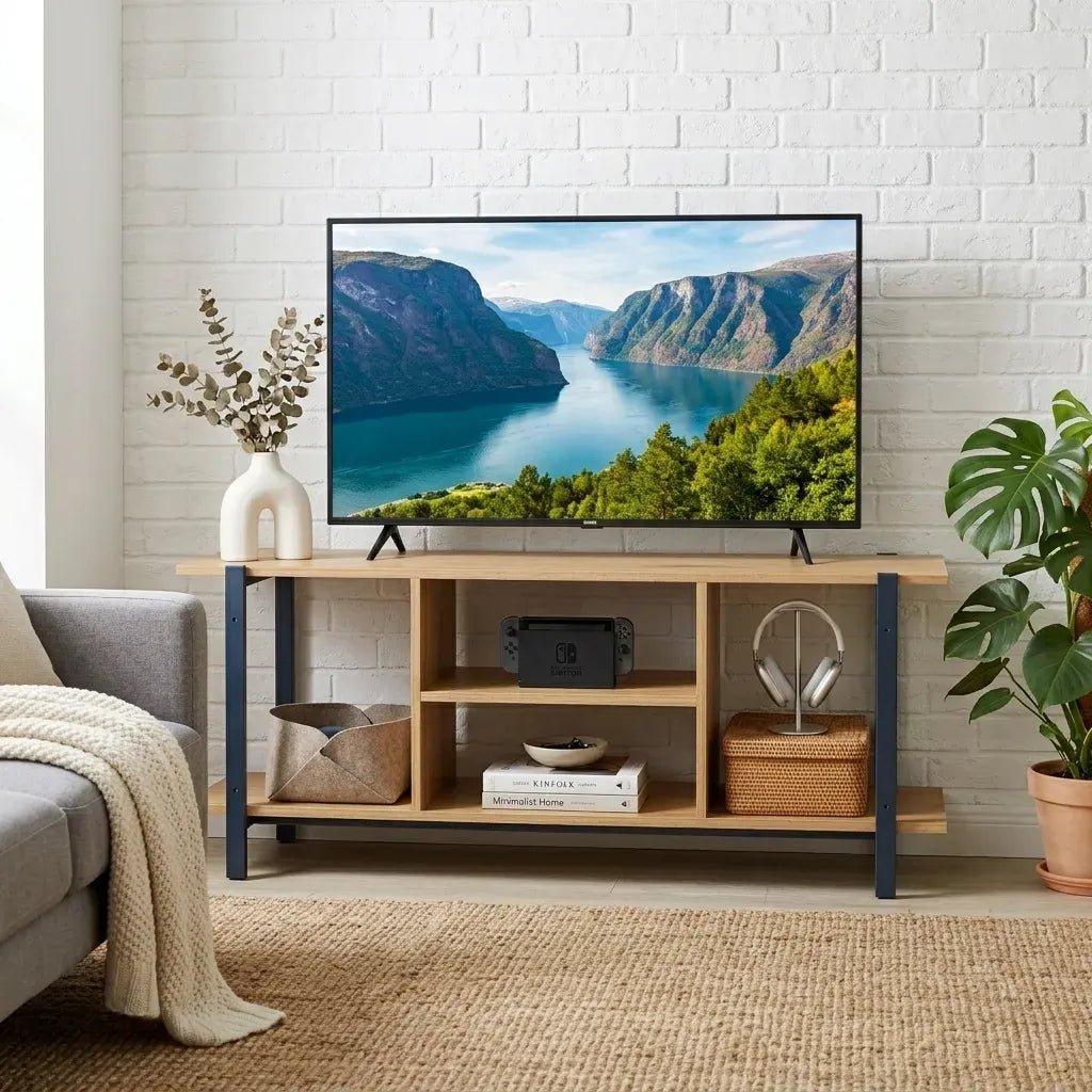 TV Stand Entertainment Console with Open Shelves Rustic Oak and Steel - Brown - Furniture > Living Room > TV Units - Rivercity House & Home Co. (ABN 18 642 972 209) - Affordable Modern Furniture Australia