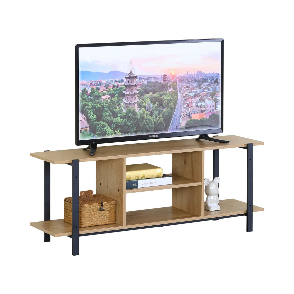 TV Stand Entertainment Console with Open Shelves Rustic Oak and Steel - Brown - Furniture > Living Room > TV Units - Rivercity House & Home Co. (ABN 18 642 972 209) - Affordable Modern Furniture Australia