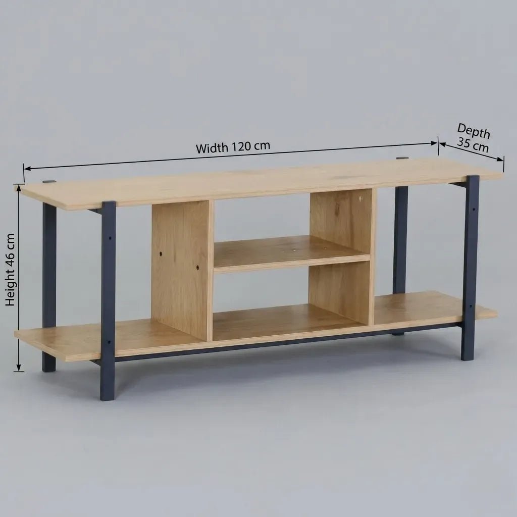 TV Stand Entertainment Console with Open Shelves Rustic Oak and Steel - Brown - Furniture > Living Room > TV Units - Rivercity House & Home Co. (ABN 18 642 972 209) - Affordable Modern Furniture Australia