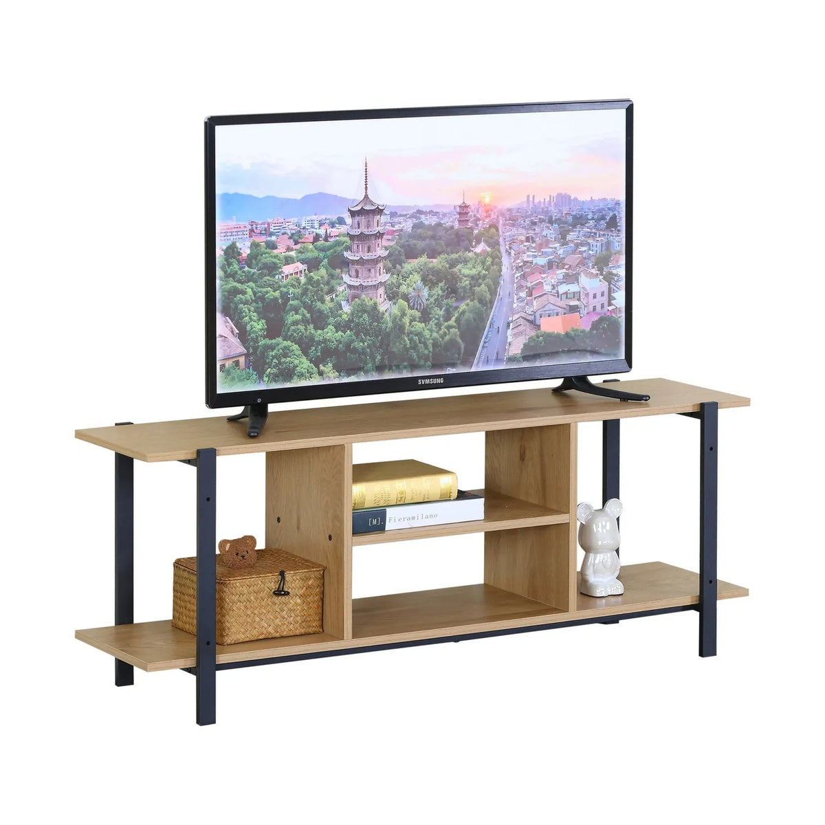 TV Stand Entertainment Console with Open Shelves Rustic Oak and Steel - Brown - Furniture > Living Room > TV Units - Rivercity House & Home Co. (ABN 18 642 972 209) - Affordable Modern Furniture Australia