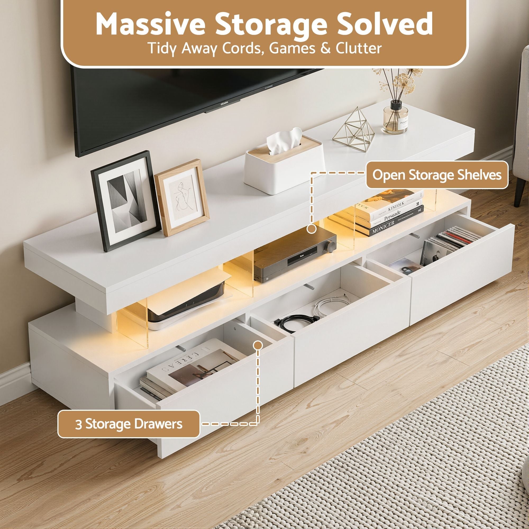 TV Unit 160cm with LED Lighting and Storage Drawers - White - Furniture > Living Room > TV Units - Rivercity House & Home Co. (ABN 18 642 972 209) - Affordable Modern Furniture Australia