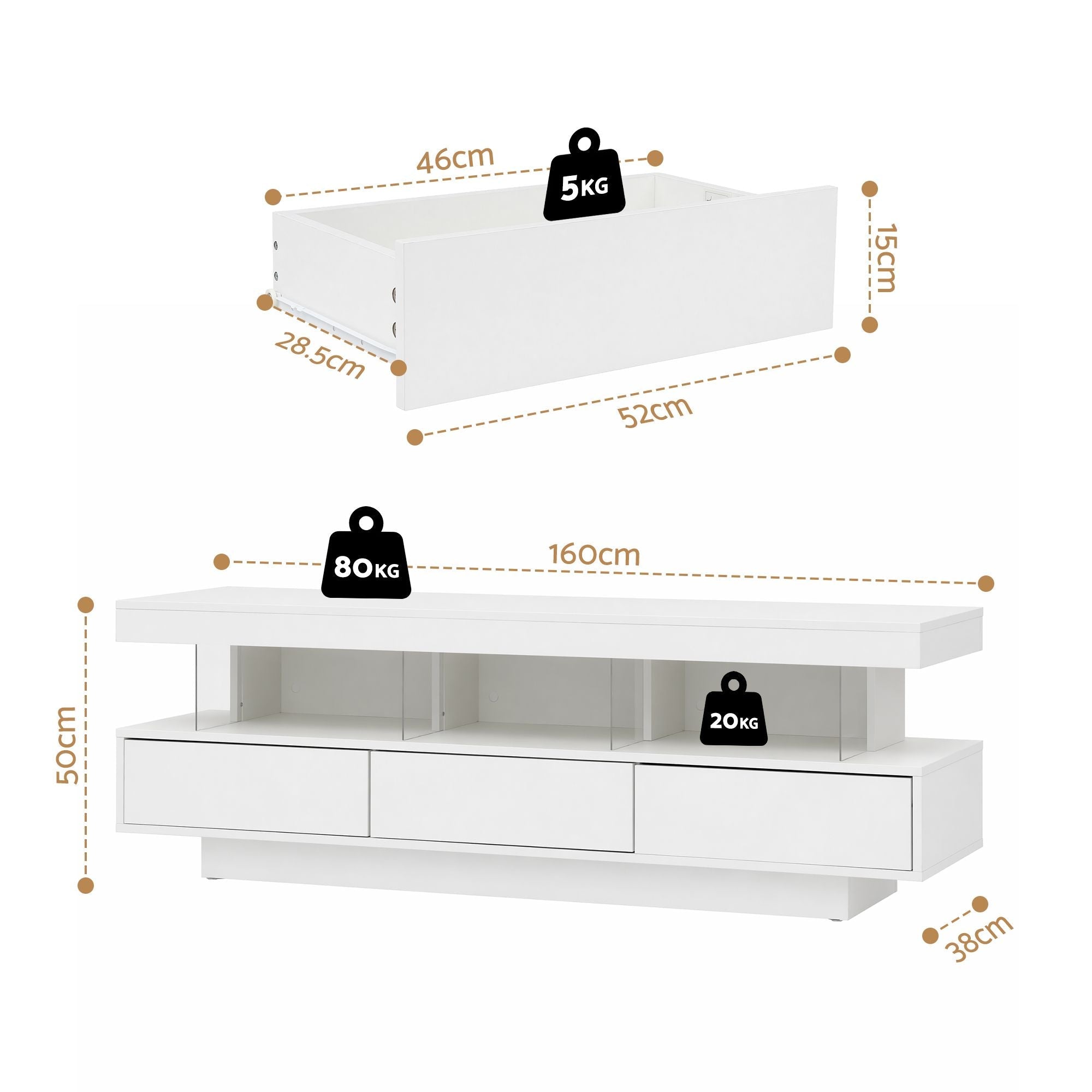 TV Unit 160cm with LED Lighting and Storage Drawers - White - Furniture > Living Room > TV Units - Rivercity House & Home Co. (ABN 18 642 972 209) - Affordable Modern Furniture Australia