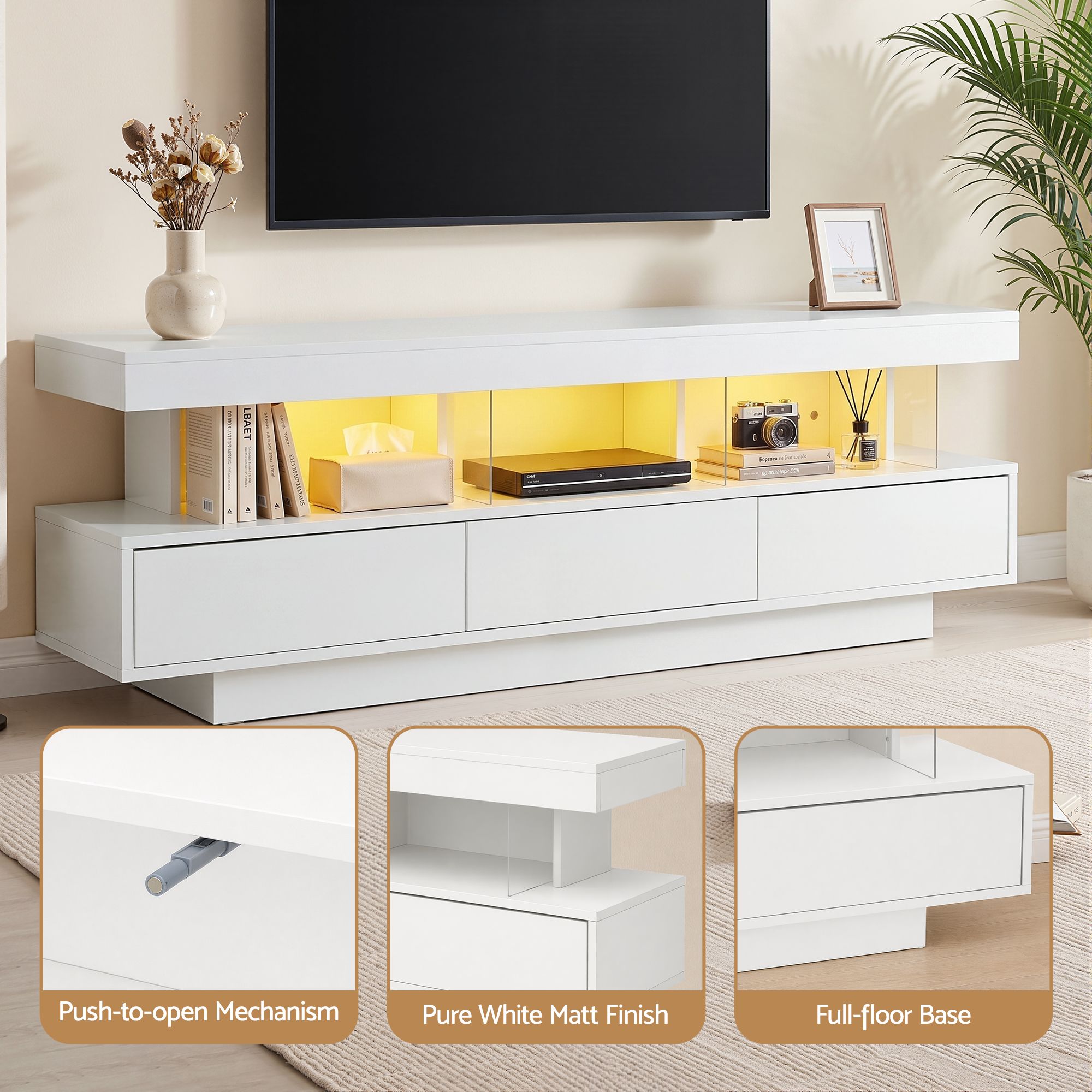 TV Unit 160cm with LED Lighting and Storage Drawers - White - Furniture > Living Room > TV Units - Rivercity House & Home Co. (ABN 18 642 972 209) - Affordable Modern Furniture Australia