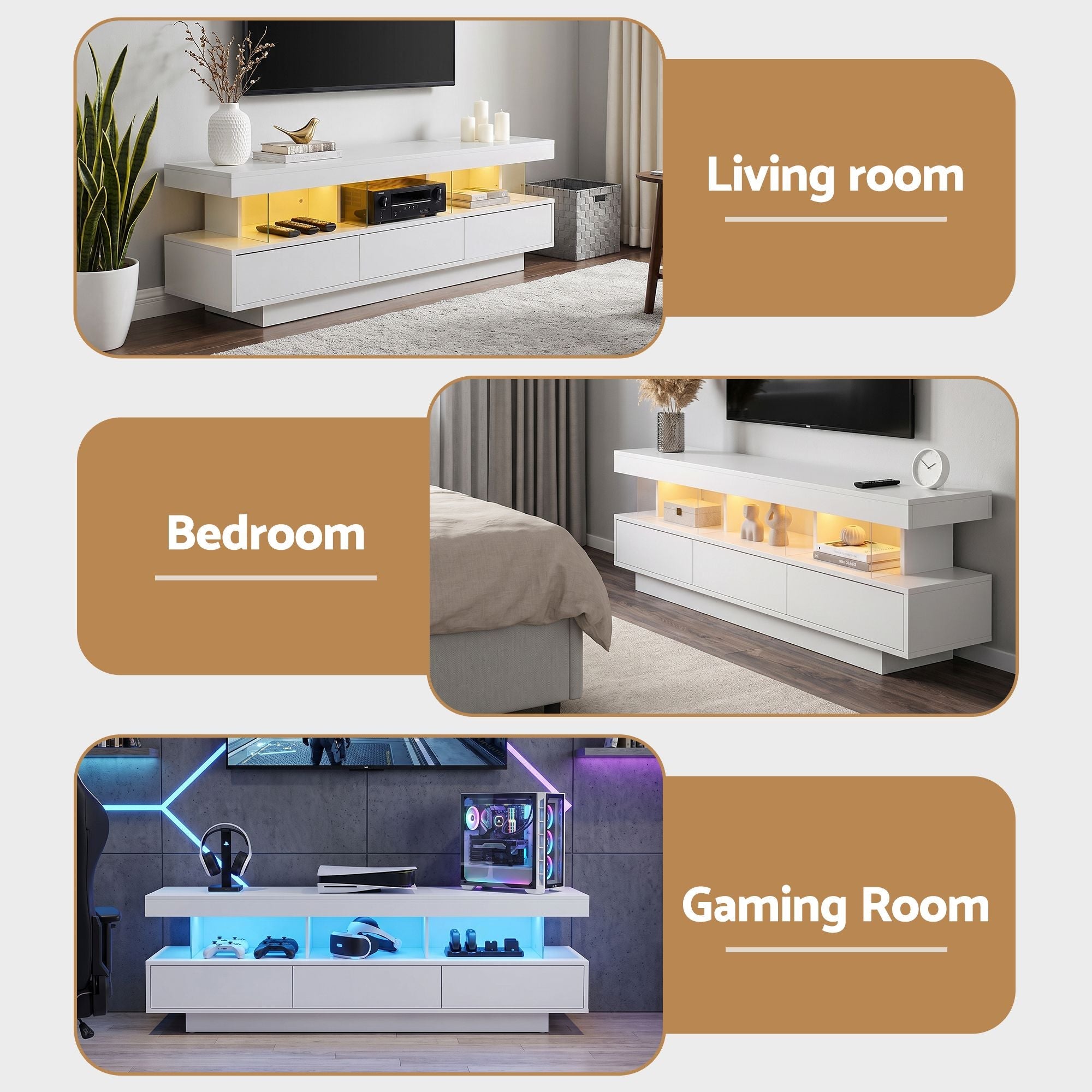 TV Unit 160cm with LED Lighting and Storage Drawers - White - Furniture > Living Room > TV Units - Rivercity House & Home Co. (ABN 18 642 972 209) - Affordable Modern Furniture Australia