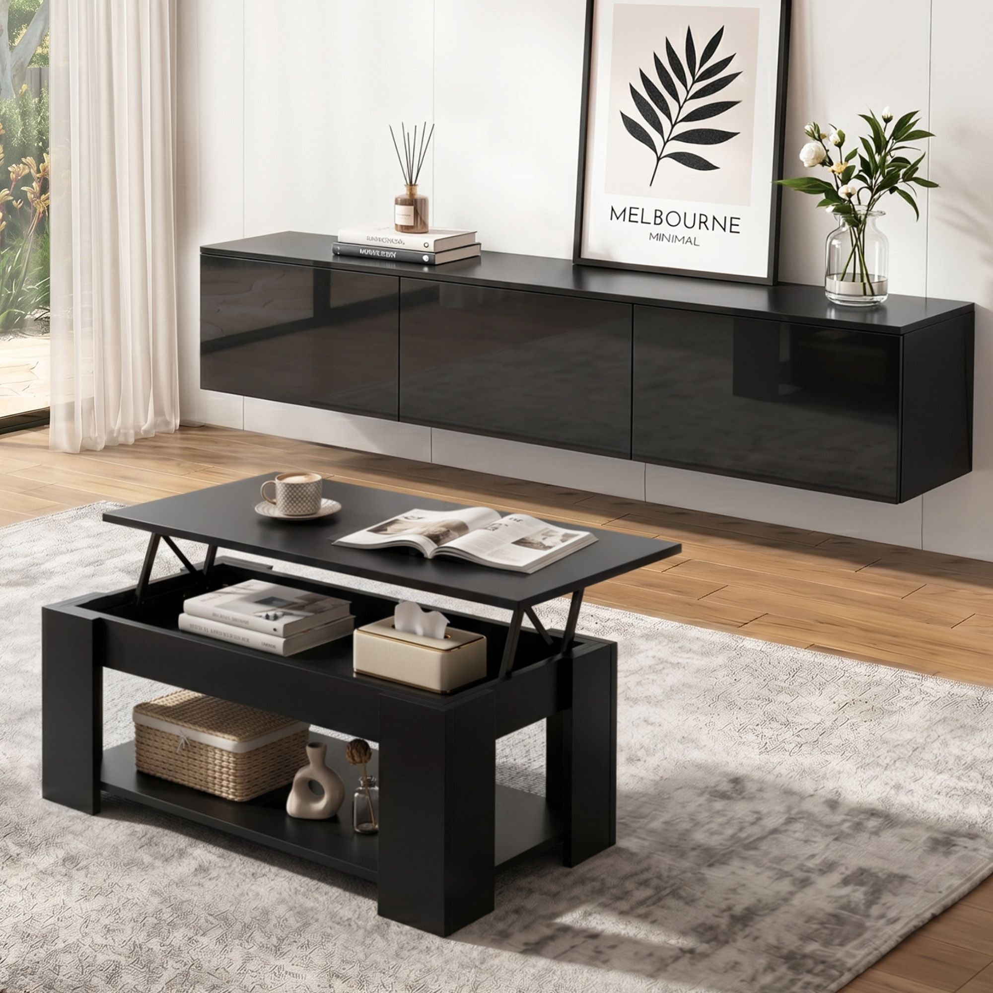 TV Unit & Coffee Table Set Storage Cabinet Black - Furniture > Living Room > Coffee Tables - Rivercity House & Home Co. (ABN 18 642 972 209) - Affordable Modern Furniture Australia