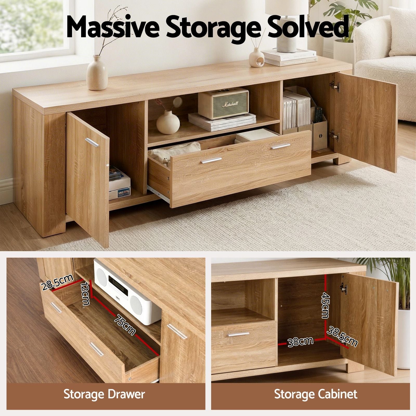 TV Unit & Coffee Table Set Storage Drawer Pine - Furniture > Living Room > Coffee Tables - Rivercity House & Home Co. (ABN 18 642 972 209) - Affordable Modern Furniture Australia