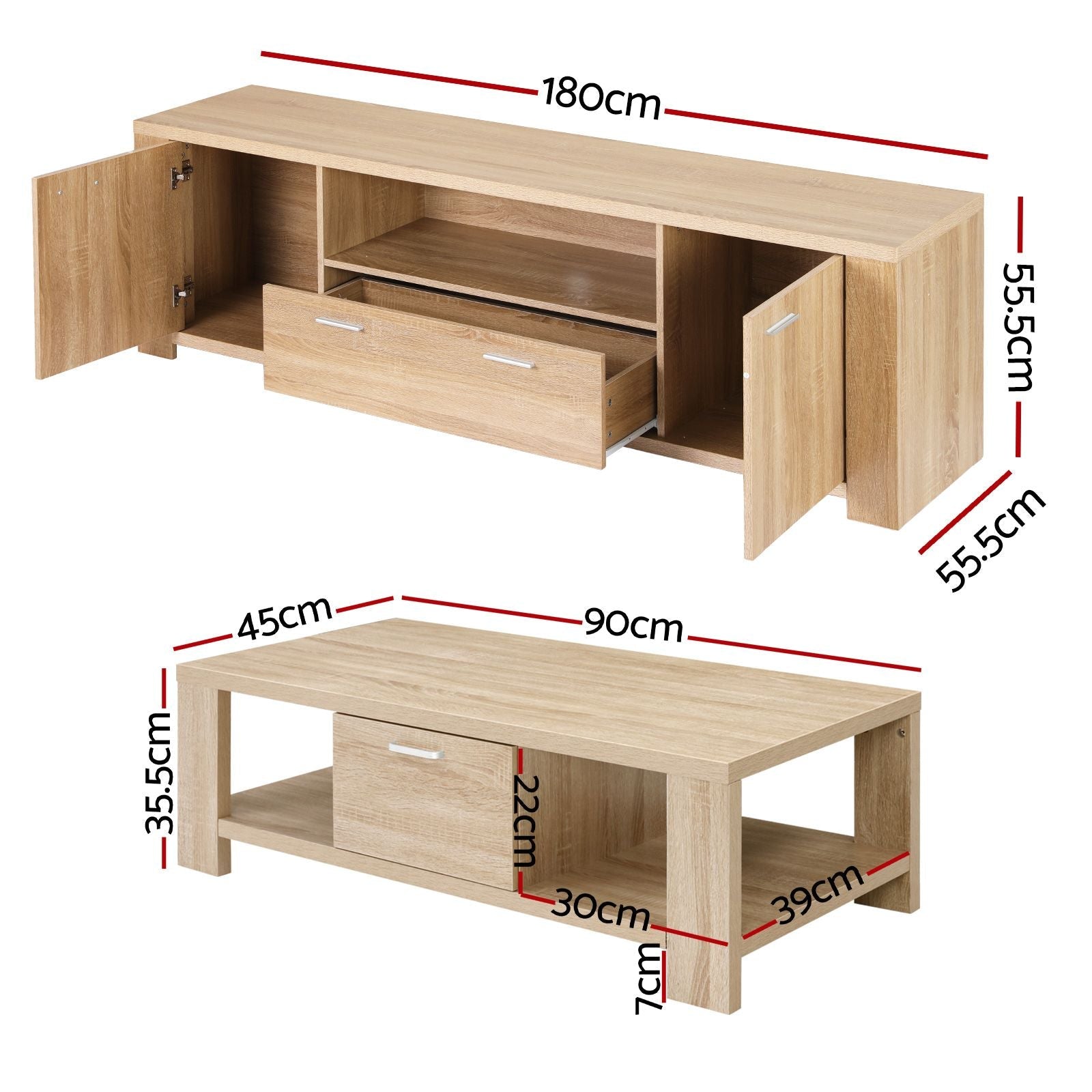 TV Unit & Coffee Table Set Storage Drawer Pine - Furniture > Living Room > Coffee Tables - Rivercity House & Home Co. (ABN 18 642 972 209) - Affordable Modern Furniture Australia