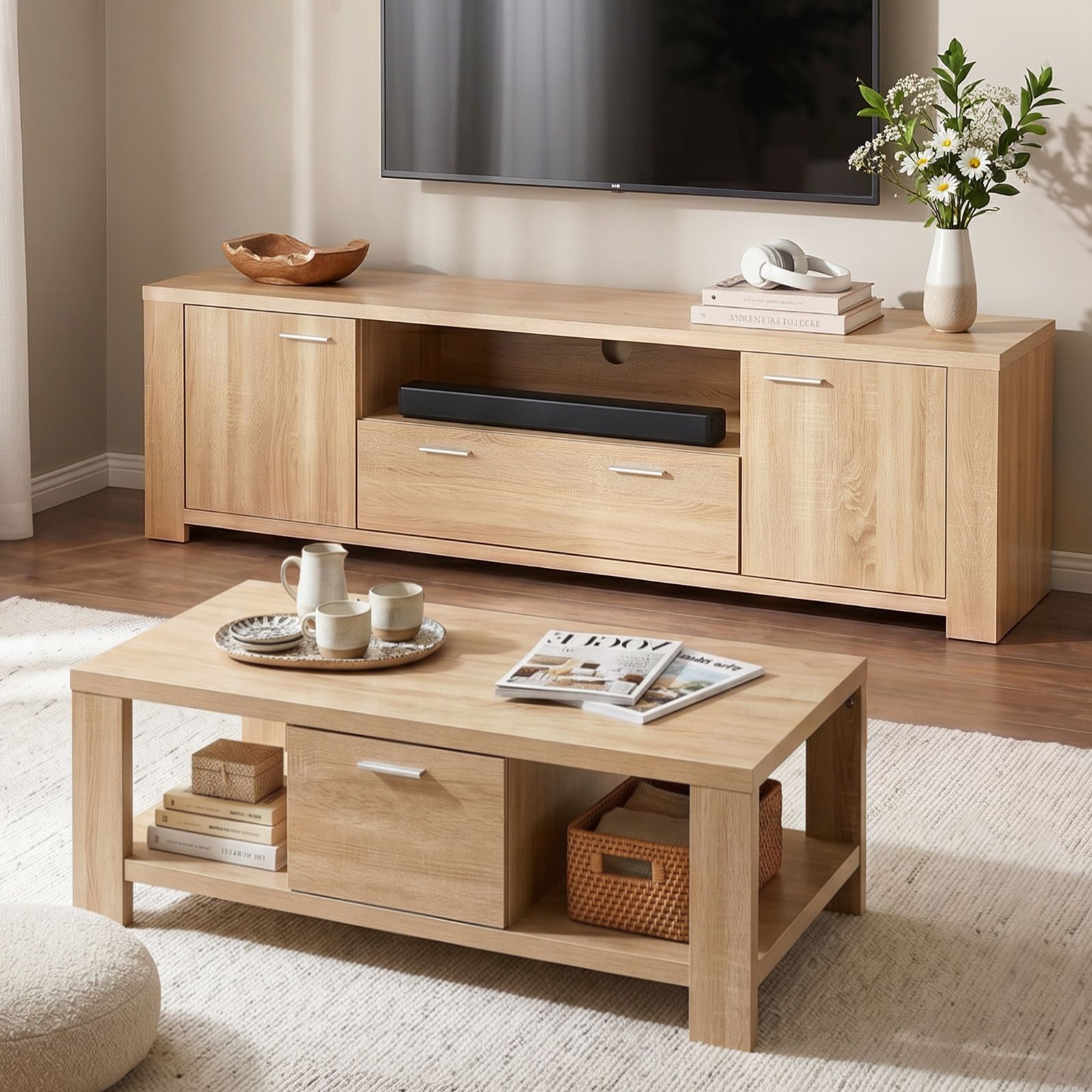 TV Unit & Coffee Table Set Storage Drawer Pine - Furniture > Living Room > Coffee Tables - Rivercity House & Home Co. (ABN 18 642 972 209) - Affordable Modern Furniture Australia