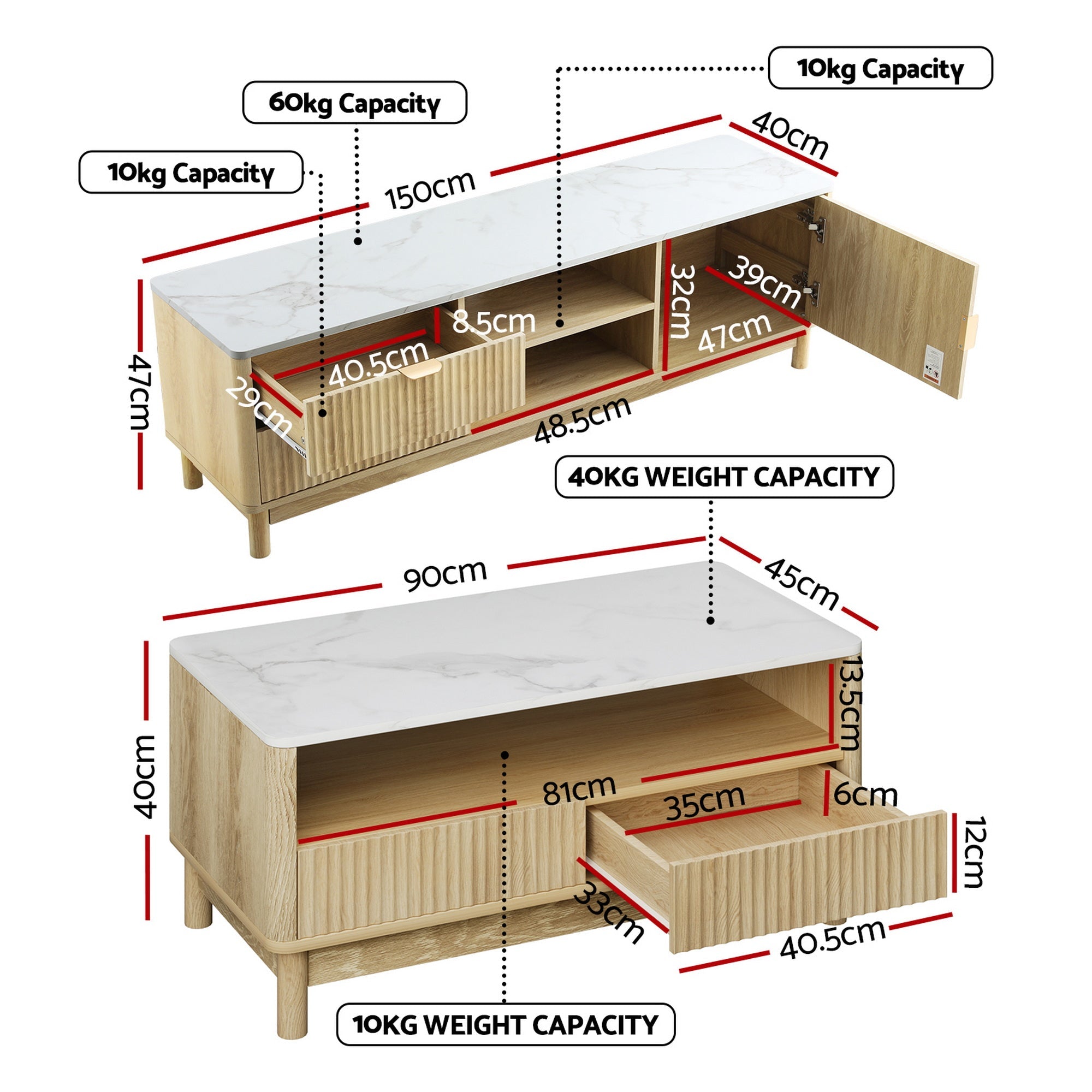 TV Unit & Coffee Table Set Storage Drawers Pine - Furniture > Bedroom > Beds & Bed Frames - Rivercity House & Home Co. (ABN 18 642 972 209) - Affordable Modern Furniture Australia