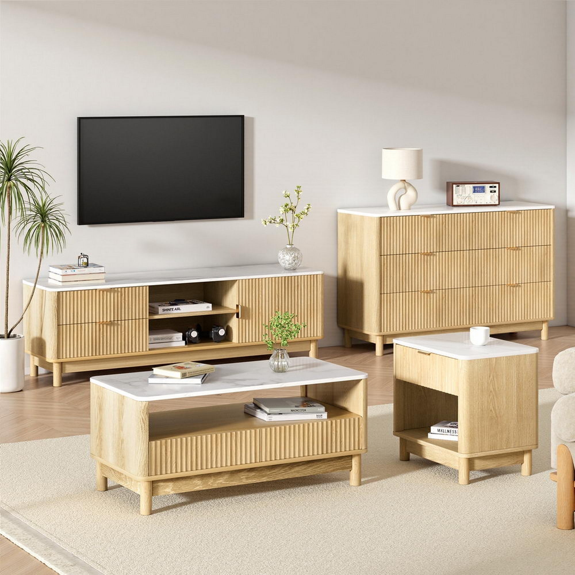 TV Unit & Coffee Table Set Storage Drawers Pine - Furniture > Bedroom > Beds & Bed Frames - Rivercity House & Home Co. (ABN 18 642 972 209) - Affordable Modern Furniture Australia