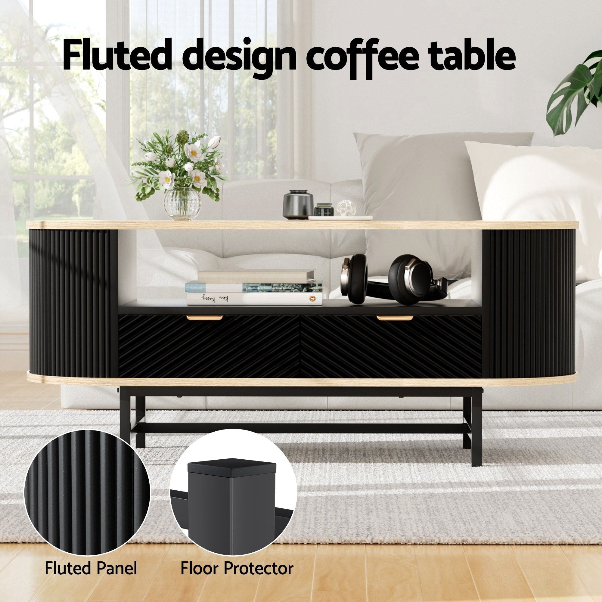TV Unit & Coffee Table Set Storage Drawers Shelves Black Pine - Furniture > Living Room > TV Units - Rivercity House & Home Co. (ABN 18 642 972 209) - Affordable Modern Furniture Australia