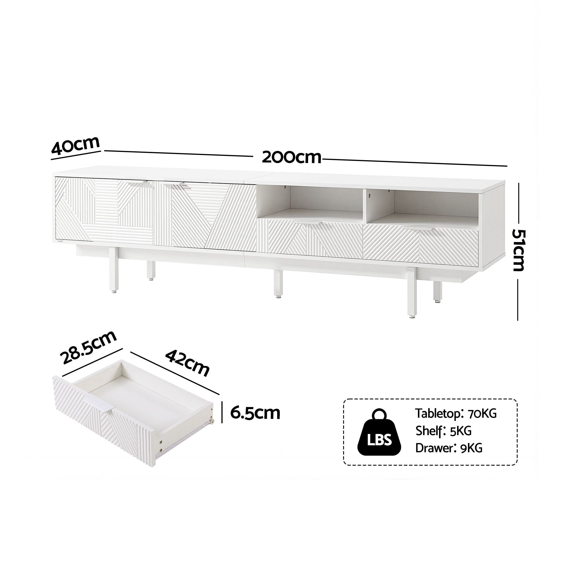 TV Unit Entertainment Unit Storage Cabinet Drawer 200cm White - Furniture > Living Room > TV Units - Rivercity House & Home Co. (ABN 18 642 972 209) - Affordable Modern Furniture Australia