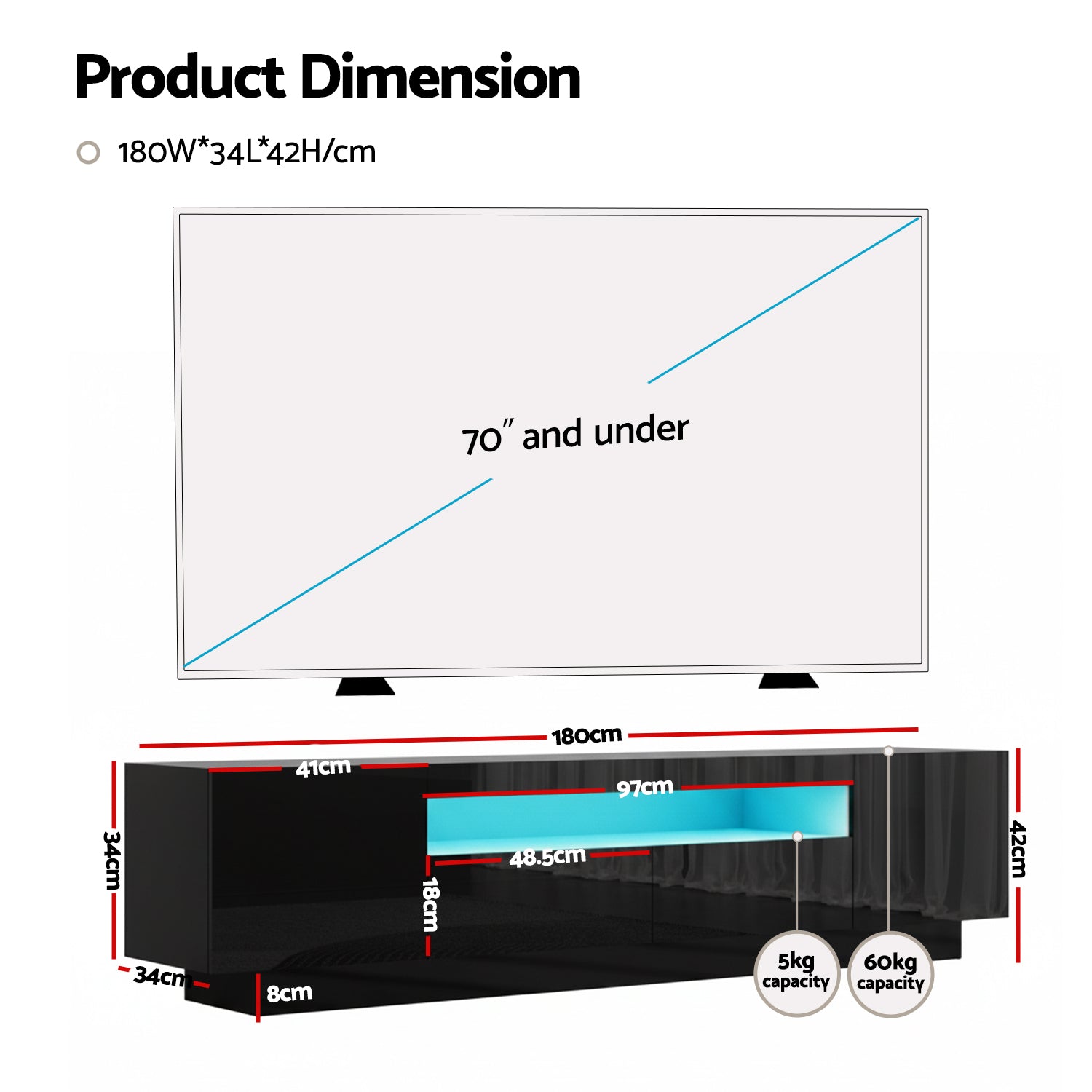 TV Unit Entertainment Unit Storage Drawer RGB LED 180cm Black - Furniture > Living Room > TV Units - Rivercity House & Home Co. (ABN 18 642 972 209) - Affordable Modern Furniture Australia
