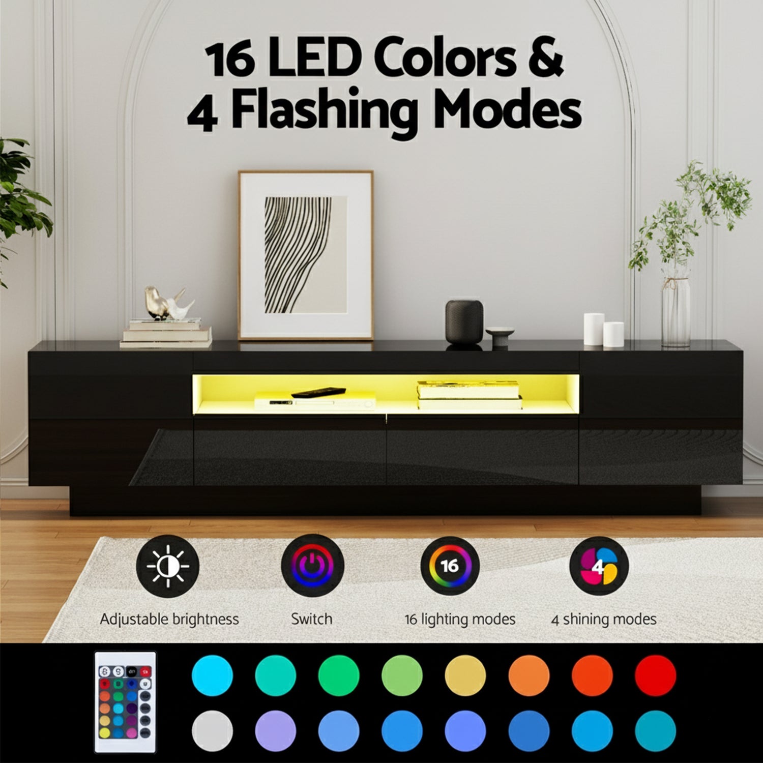 TV Unit Entertainment Unit Storage Drawer RGB LED 180cm Black - Furniture > Living Room > TV Units - Rivercity House & Home Co. (ABN 18 642 972 209) - Affordable Modern Furniture Australia