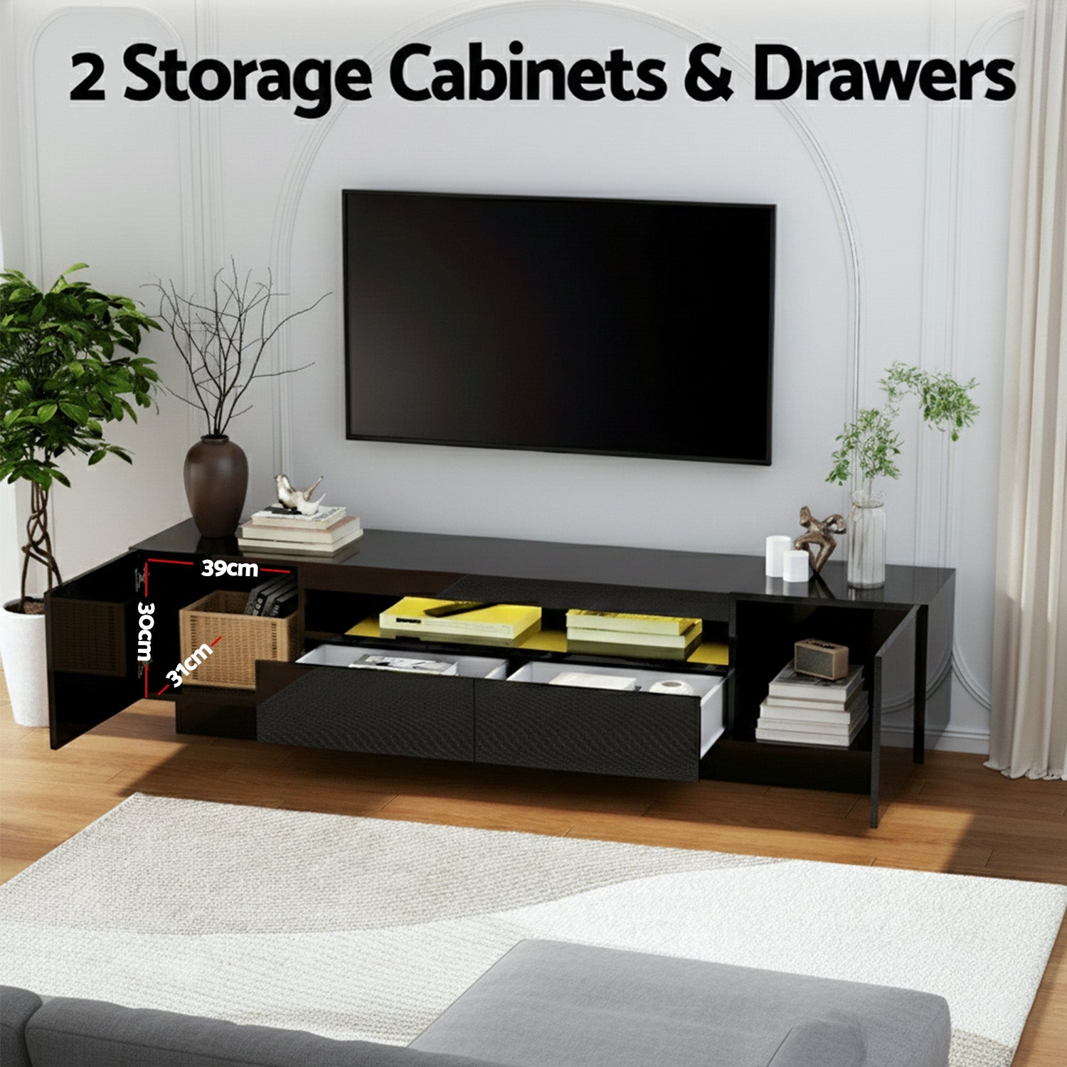 TV Unit Entertainment Unit Storage Drawer RGB LED 180cm Black - Furniture > Living Room > TV Units - Rivercity House & Home Co. (ABN 18 642 972 209) - Affordable Modern Furniture Australia