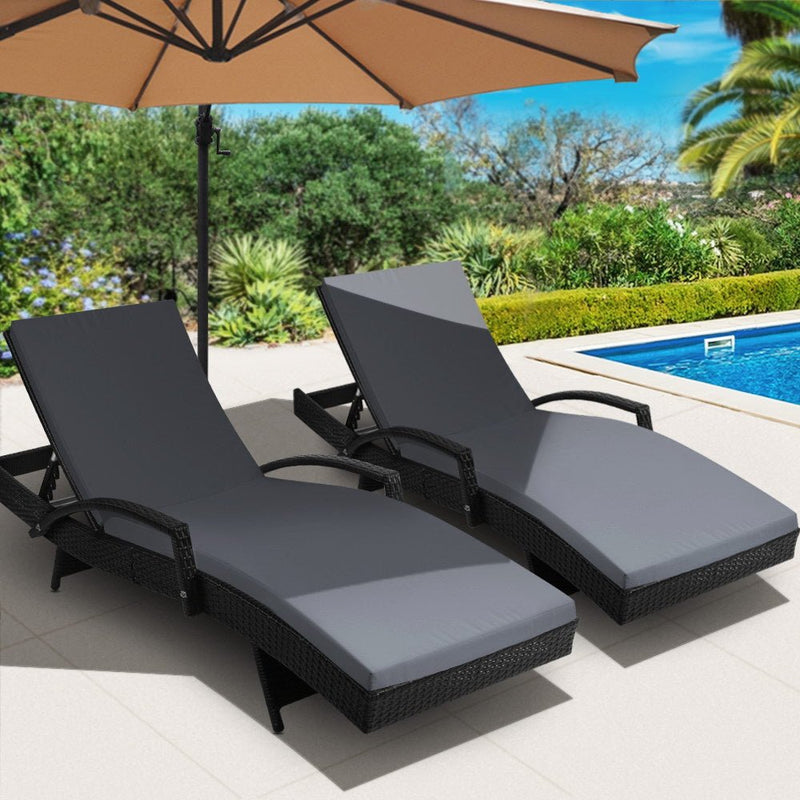 Twin Pack - Outdoor Sun Lounge Chairs with Cushions (Black) - Rivercity House & Home Co. (ABN 18 642 972 209) - Affordable Modern Furniture Australia