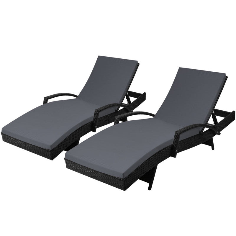 Twin Pack - Outdoor Sun Lounge Chairs with Cushions (Black) - Rivercity House & Home Co. (ABN 18 642 972 209) - Affordable Modern Furniture Australia