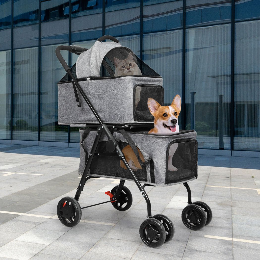 Two - Tier Double Pet Stroller - Grey - Rivercity House & Home Co. (ABN 18 642 972 209) - Affordable Modern Furniture Australia